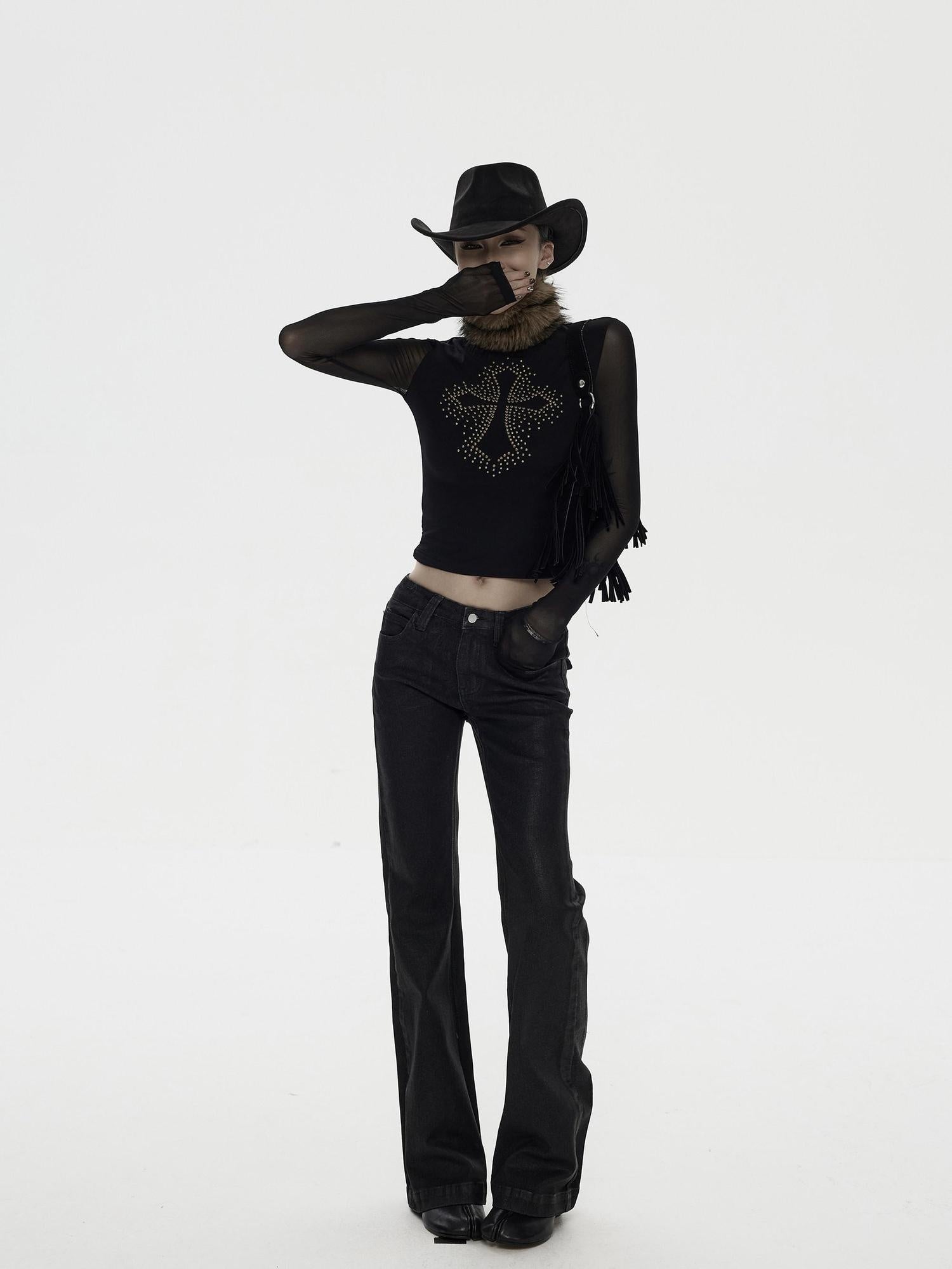 ZERO Rhinestone Casual Slim Knit Pullover Women Black Long Sleeve Crop Tops