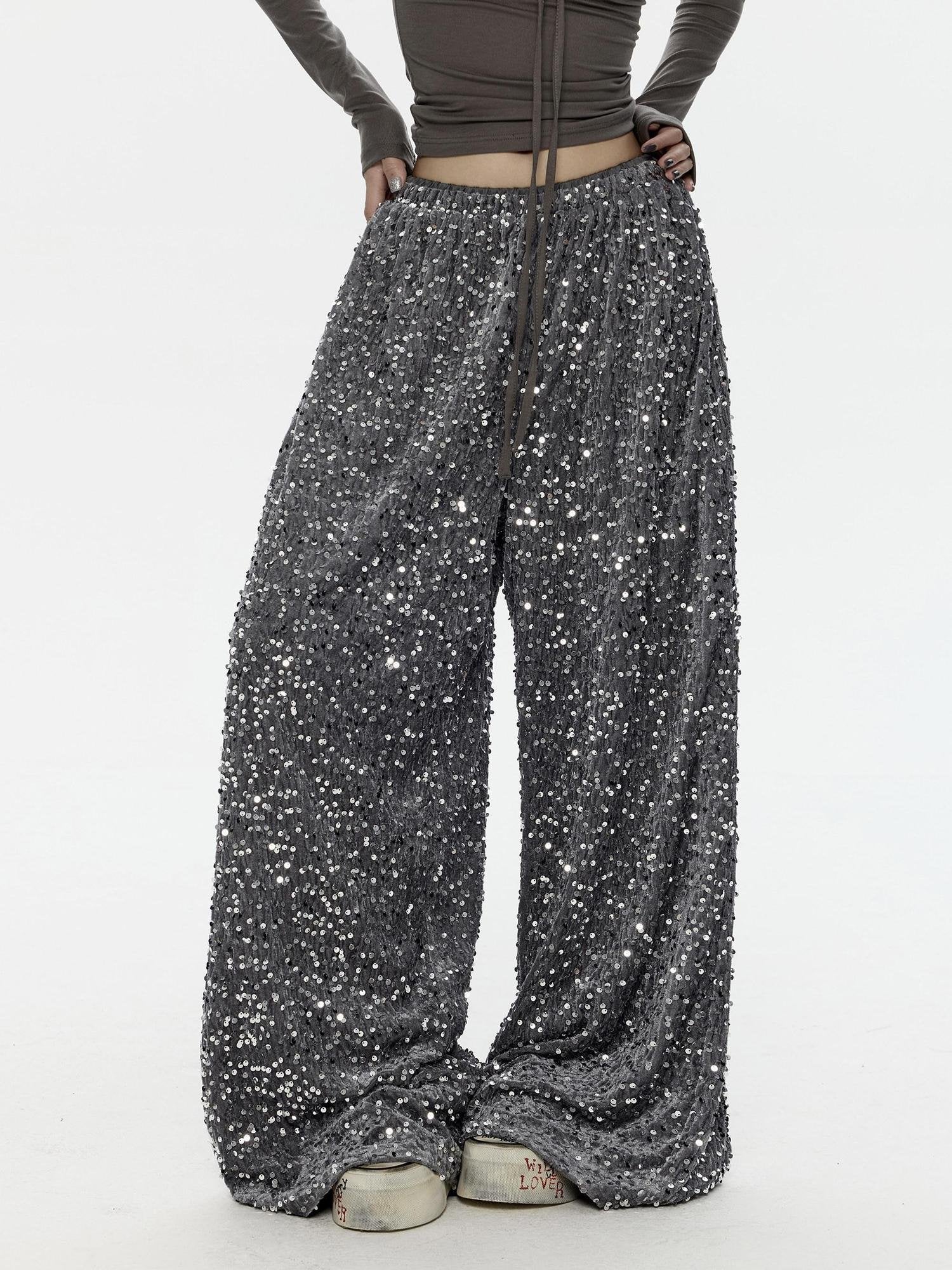 ZERO Sequin Casual Natural Waist Women Gray Polyester Stretch Wide Leg Pants