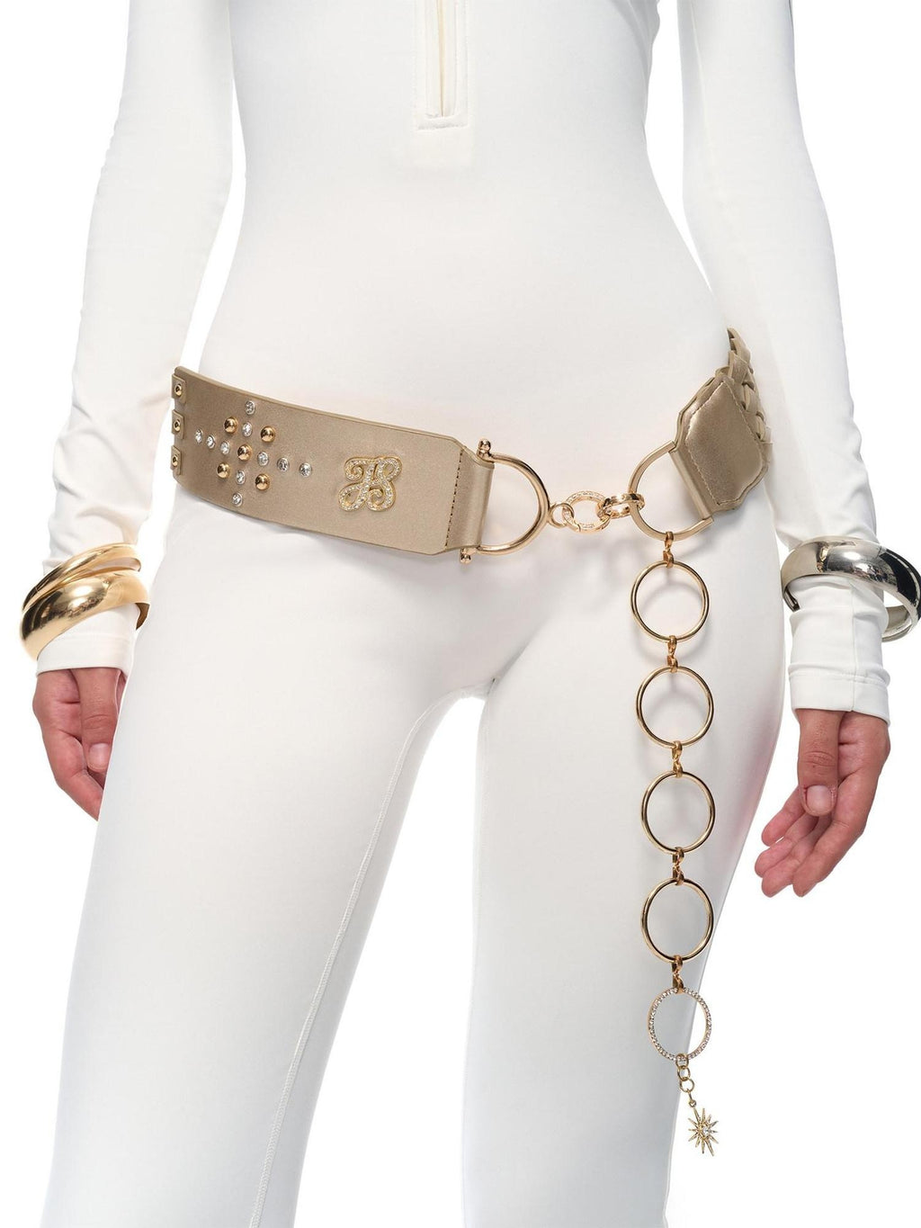 JYOSEI Rhinestone Braided Y2K Double Ring Adjustable Champagne Gold Belts