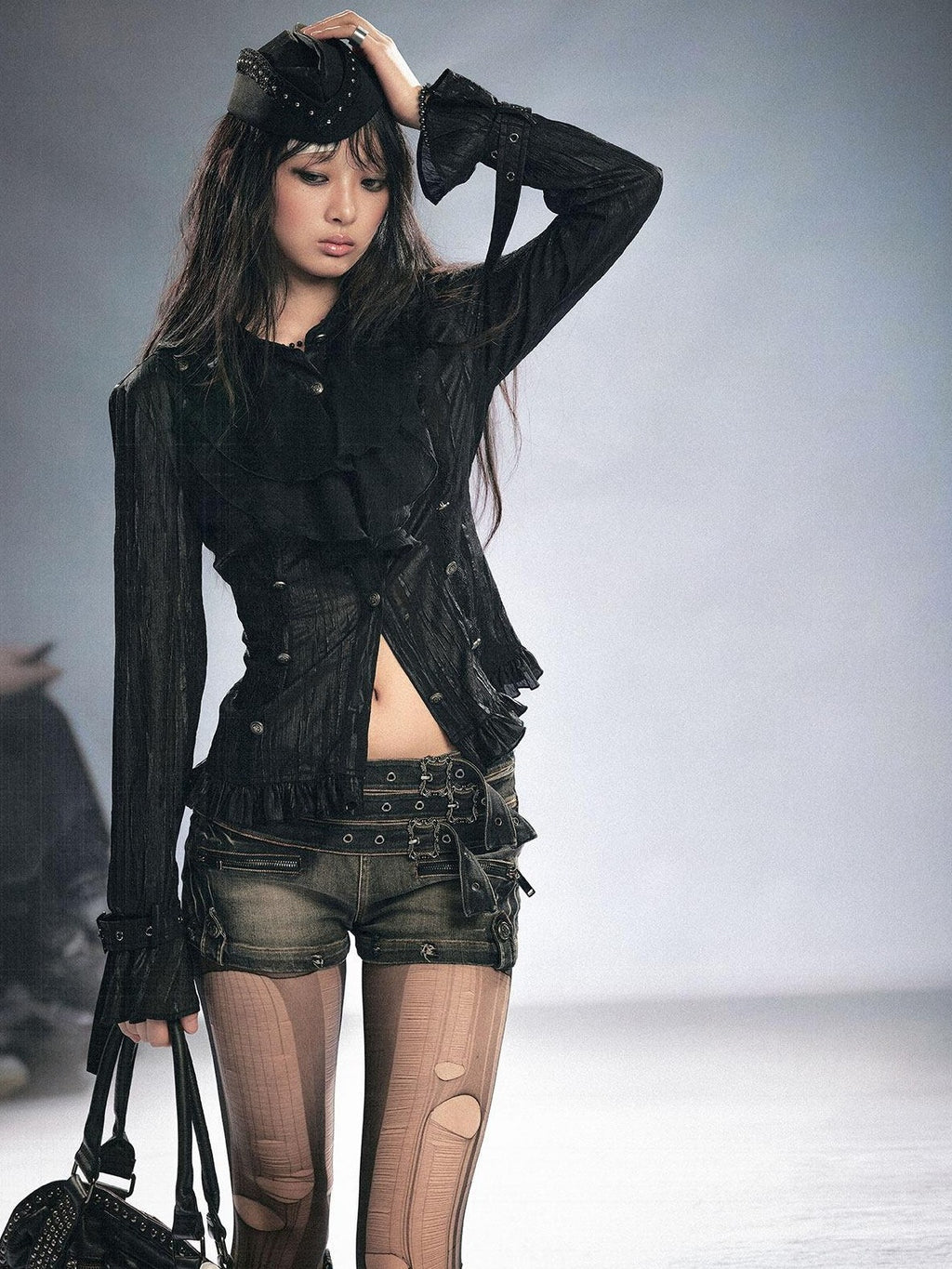 Cest Nous Gothic Ruffle Slim Fit Modal Long Sleeve Women Black Beige Blouses