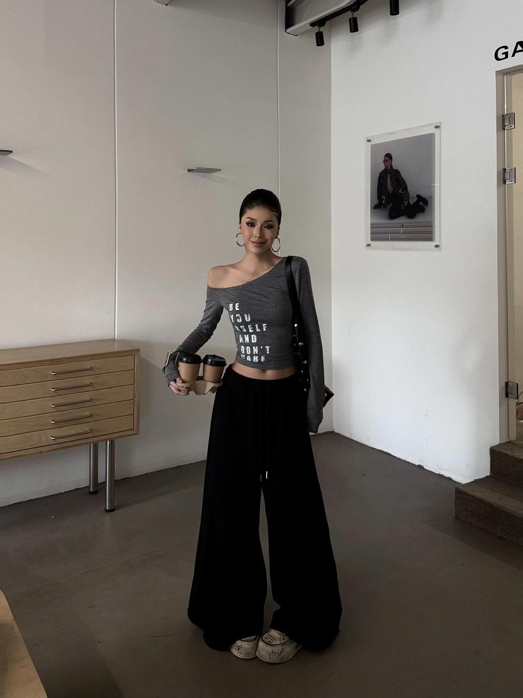ZERO Soft Cotton Letter Print Casual Slim Asymmetric Neck Black Long Sleeve Crop Tops