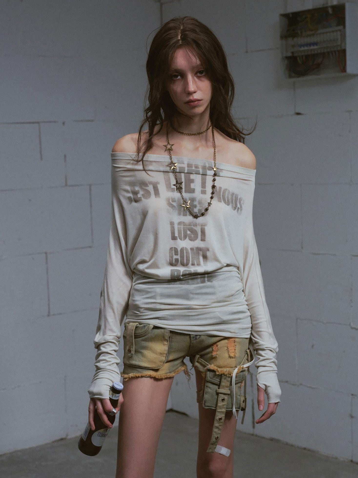 Cest Nous Lyocell Printed Street Punk Loose Batwing Women Crop Offshouldercroptops