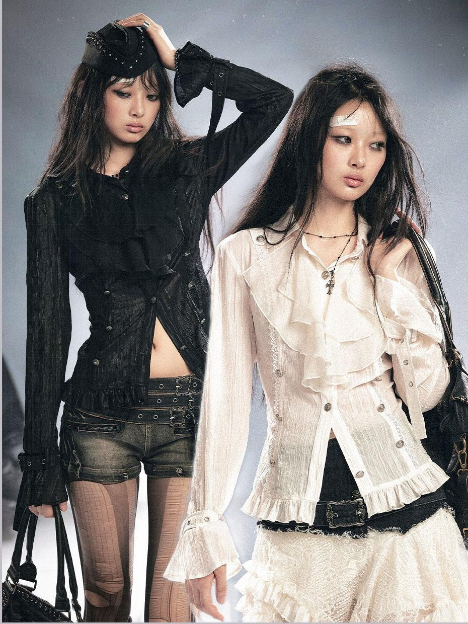 Cest Nous Gothic Ruffle Slim Fit Modal Long Sleeve Women Black Beige Blouses