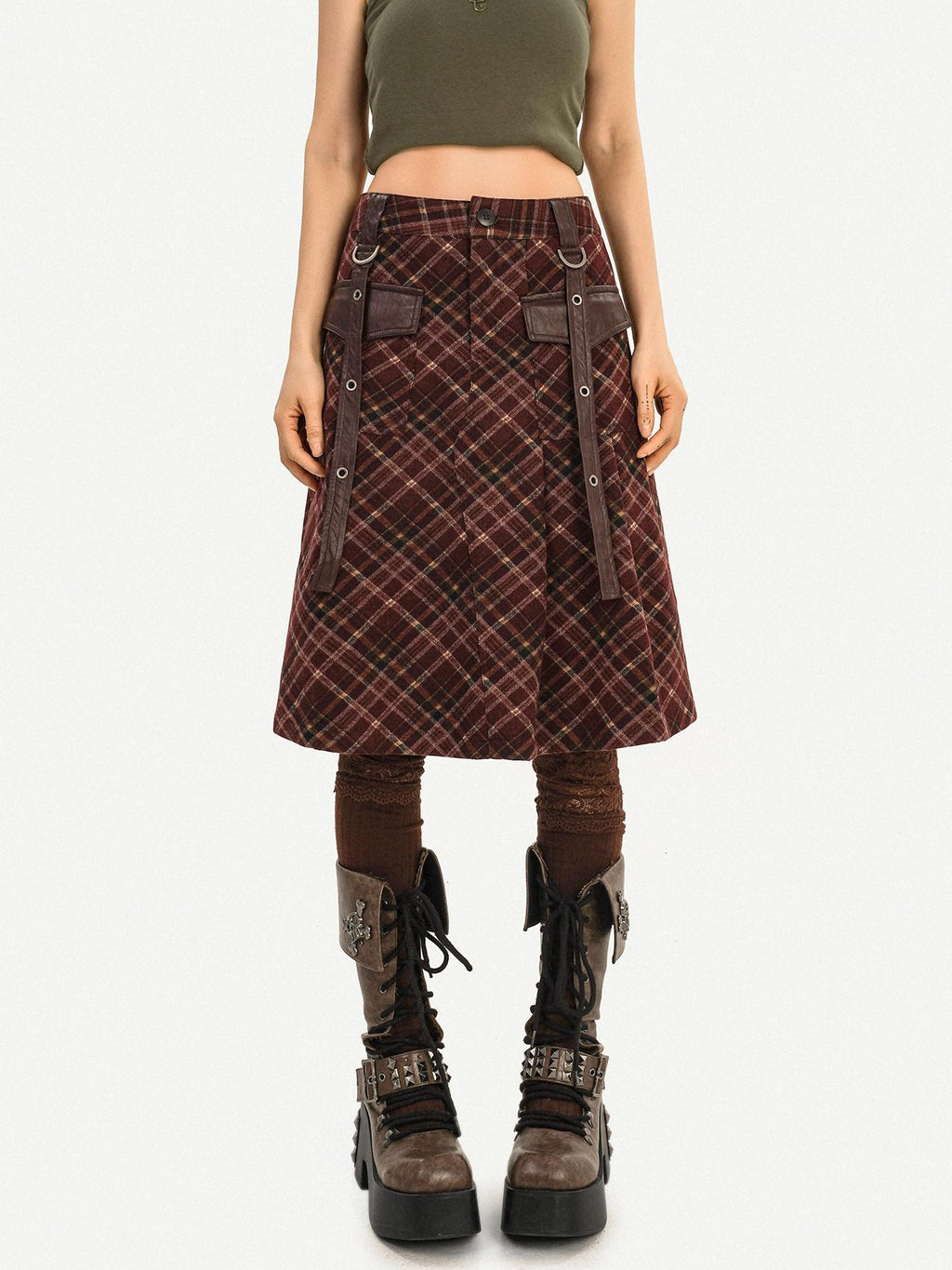 Nico Molly Casual Distressed Plaid A Line Button Pocket Midwaist Tweed Women Midi Skirts