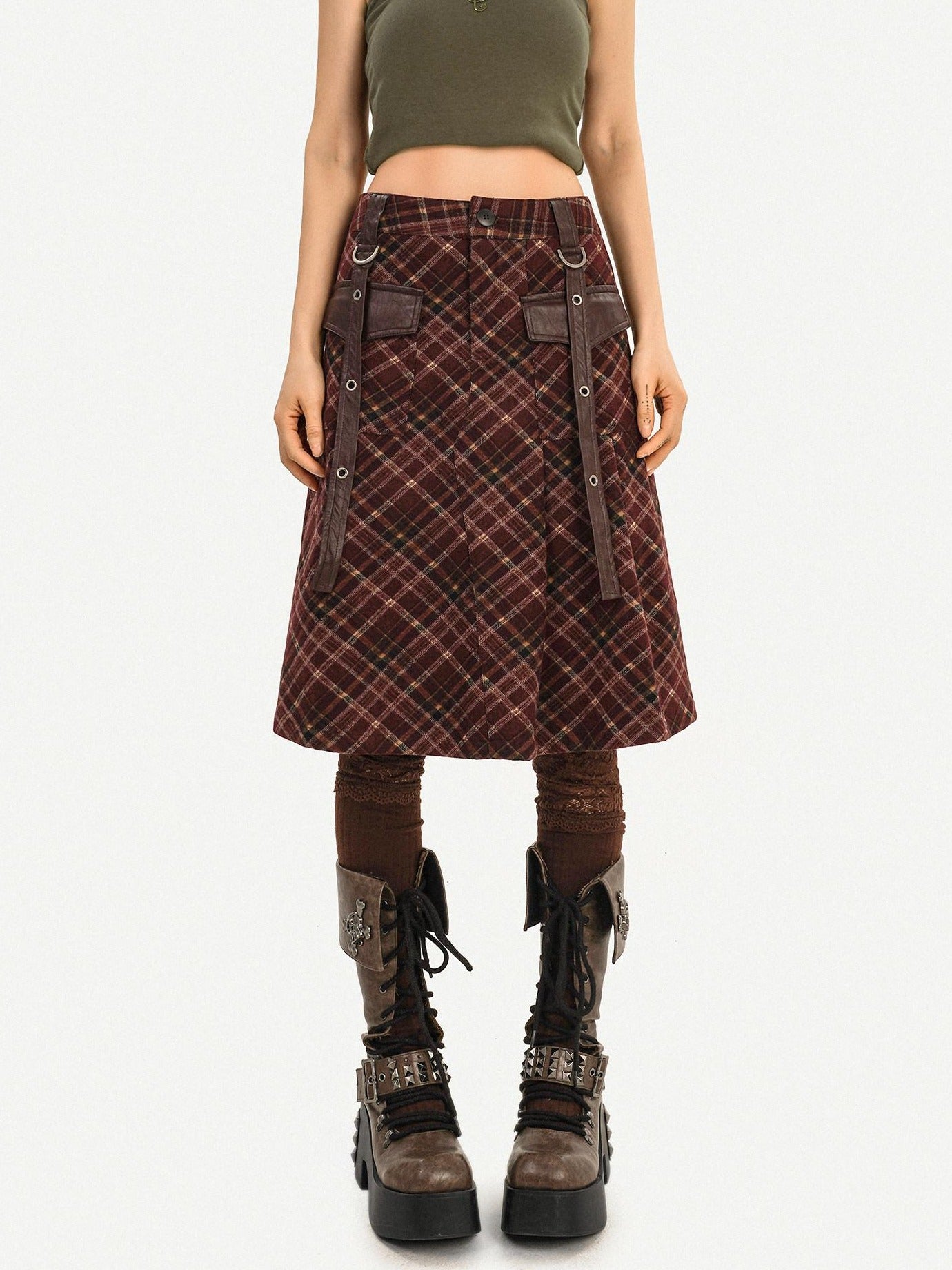 Nico Molly Casual Distressed Plaid A Line Button Pocket Midwaist Tweed Women Midi Skirts