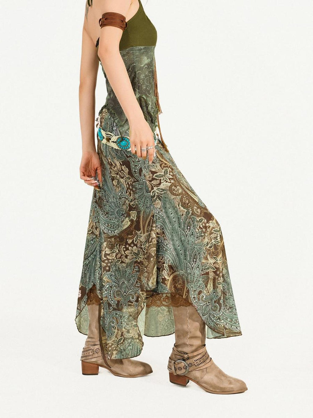 Nico Molly Floral Patchwork V-neck Slim Fit Sleeveless Women Printed Green Top & Skirt Sets