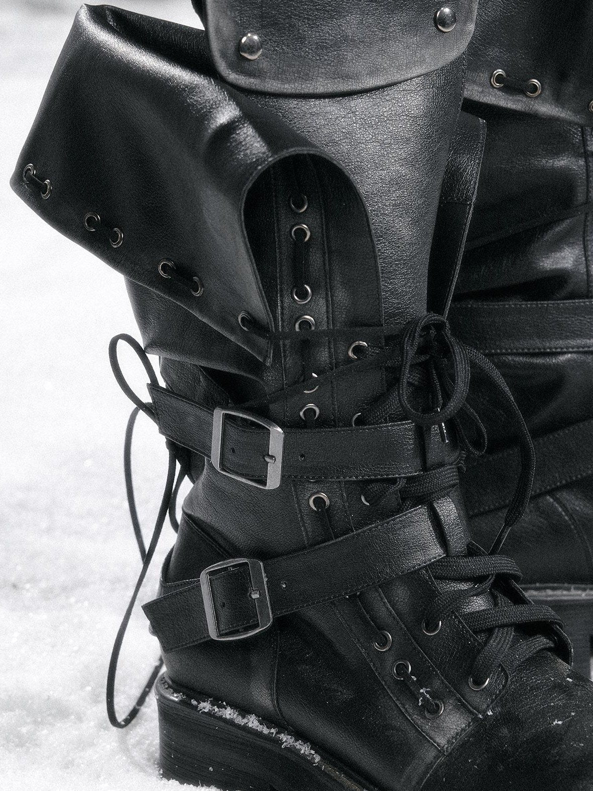 Cest Nous Low Heel Mid Calf Belt Buckle Casual Riding Round Toe Leather Lined Black Boots