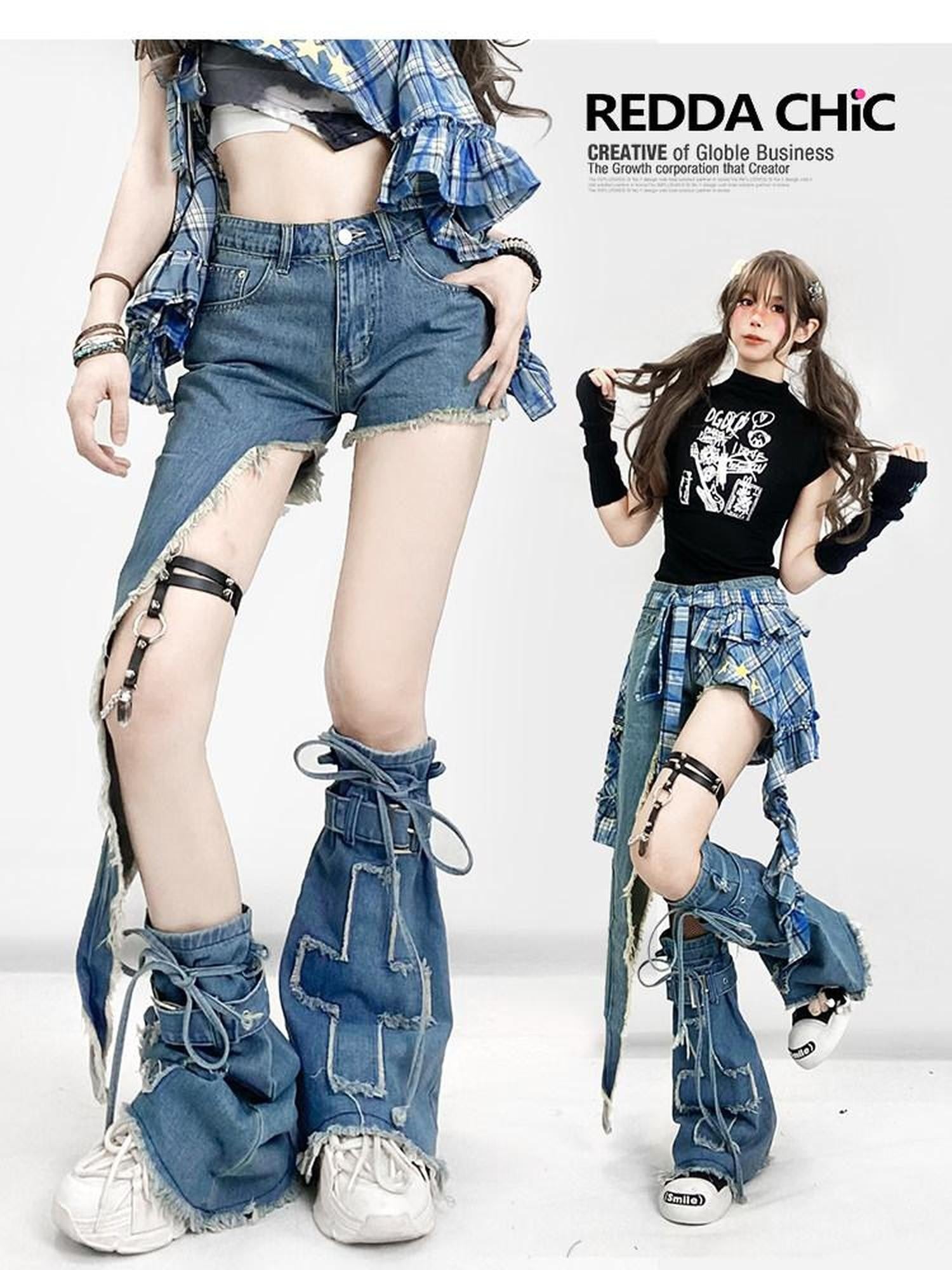 REDDACHIC American Vintage Irregular Zip Fly Low Rise Layered Y2K Women'S Denim Shorts