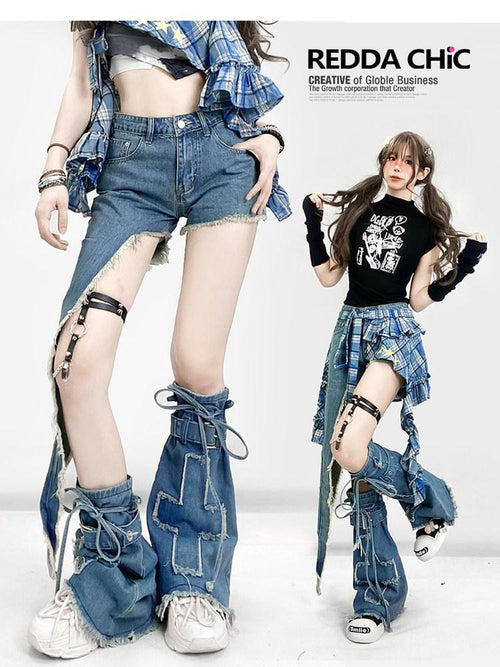 REDDACHIC American Vintage Irregular Zip Fly Low Rise Layered Y2K Women'S Denim Shorts
