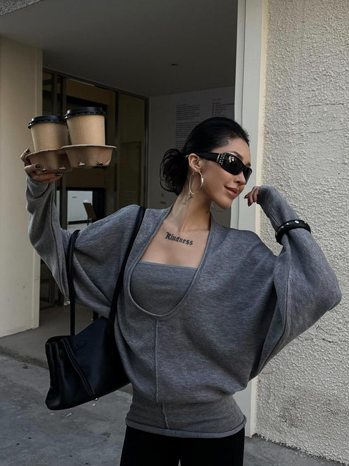 ZERO Batwing Sleeve Two Piece Oversized Midlength Pullover Casual Women Cami Knitwear