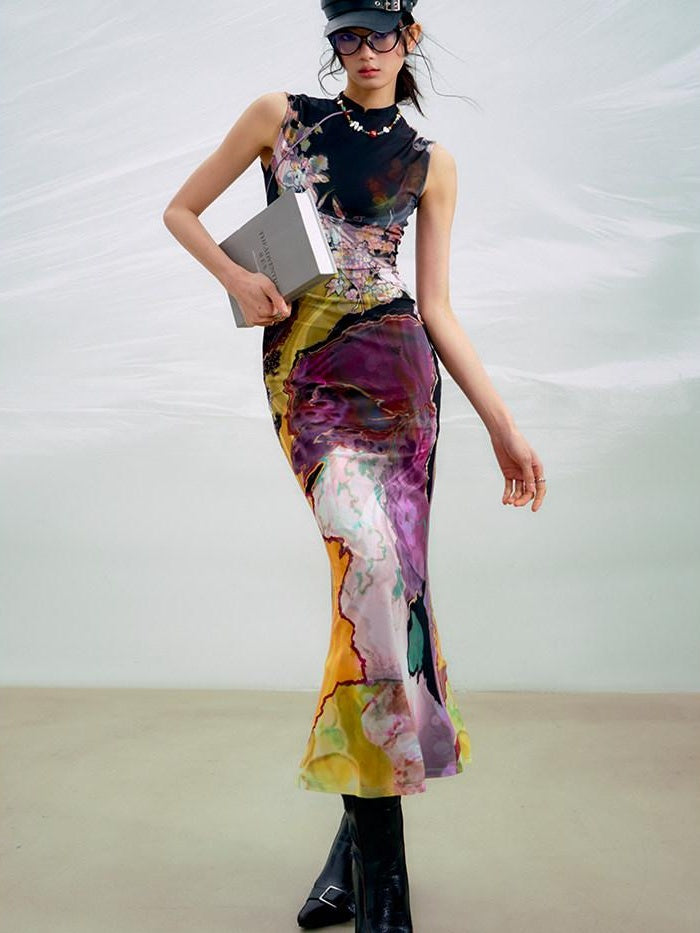 OfAkiva High Waist Floral New Chinese Style A Line Qipao Womens Tricolor Maxi Dresses