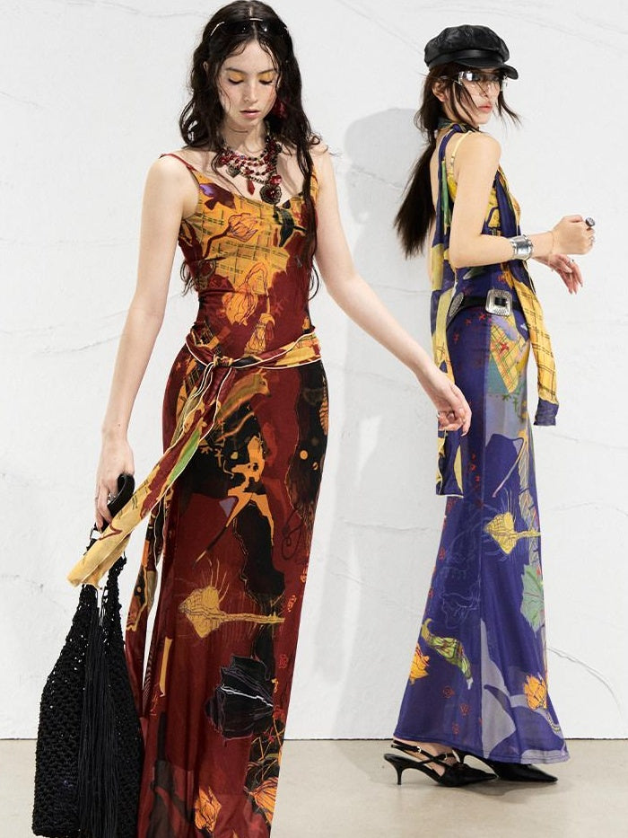 OfAkiva Sexy High Waist Square Neck Strappy Printed Stretch Polyester Maxi Dresses
