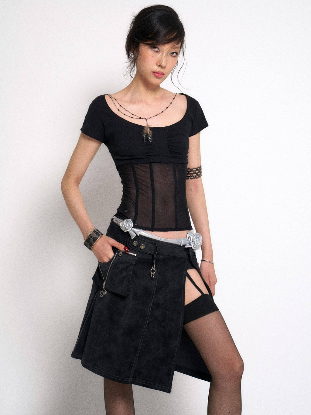 Flowers birds Market Cutout Gothic Slim Fit Solid Black Women Cotton Stretch Short Sleeve T-Shirts