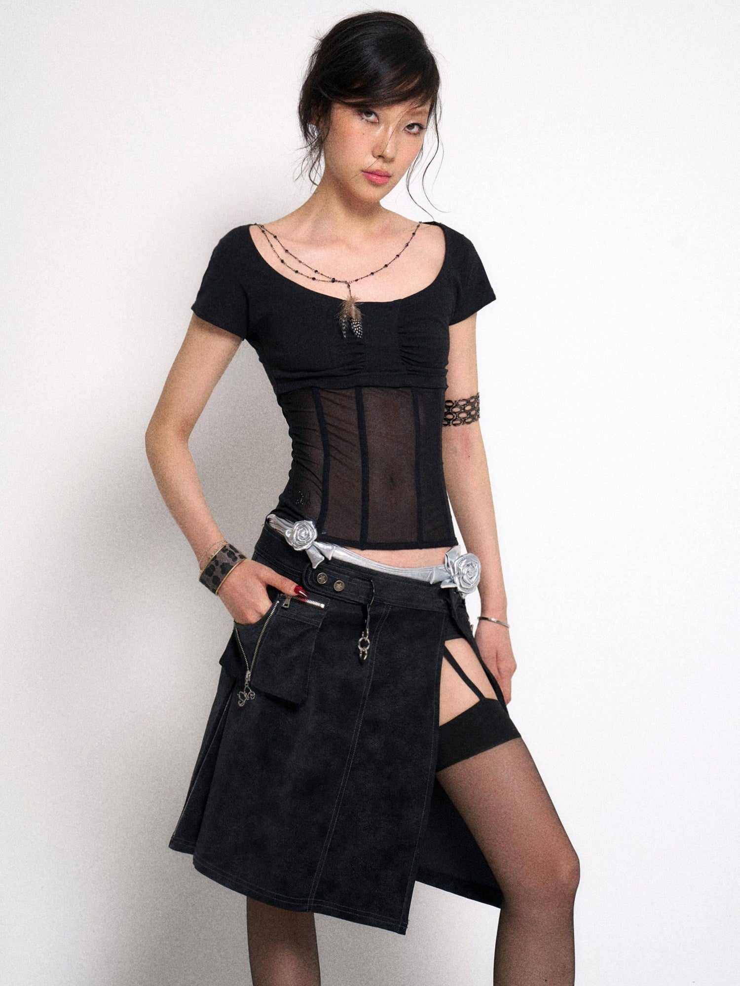 Flowers birds Market Cutout Gothic Slim Fit Solid Black Women Cotton Stretch Short Sleeve T-Shirts