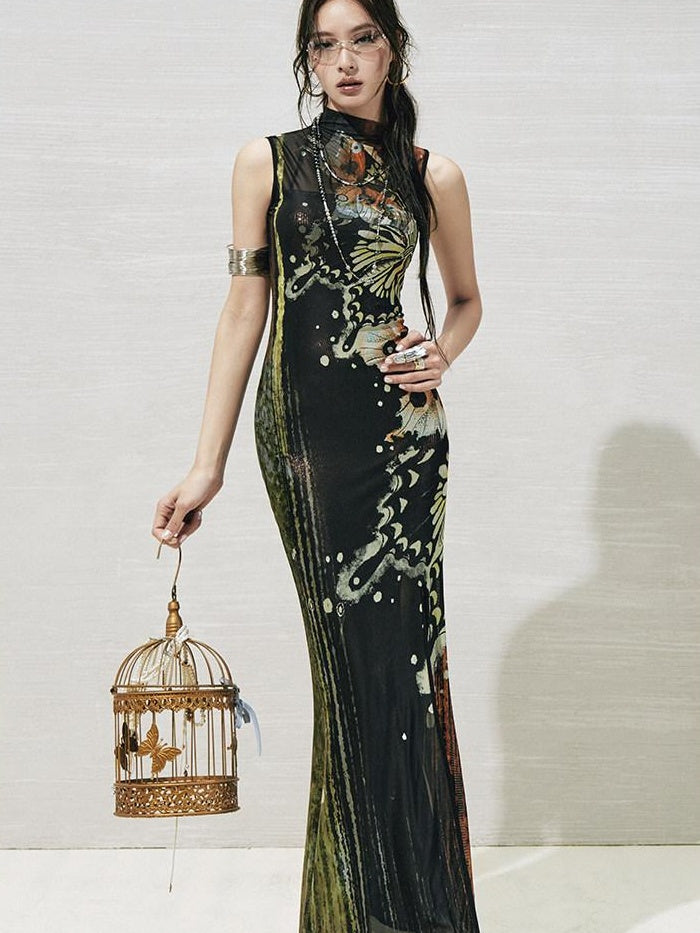 OfAkiva High Waist Sleeveless Printed A Line Hanfu Inspired Women Maxi Dresses