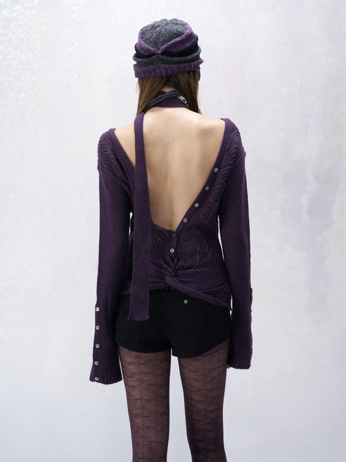 Flowers birds Market Backless V-neck Slim Fit Striped Women Cotton Knit Longsleeve Cardigans