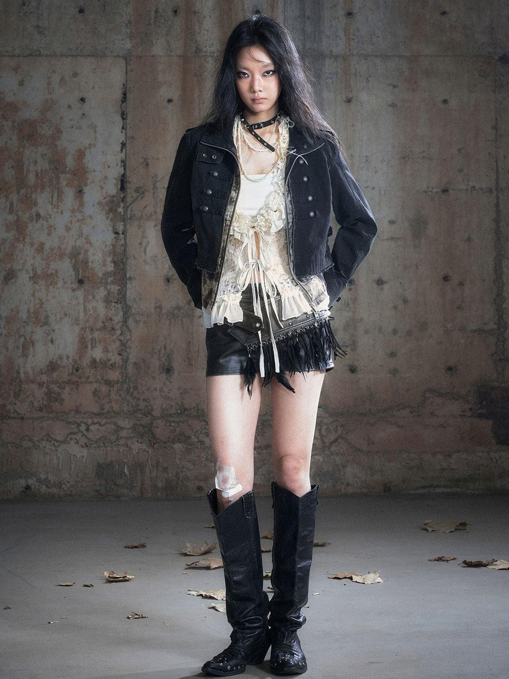Cest Nous Frayed Punk Stand Collar Camo Cotton Button Long Sleeve Women Croppedjackets