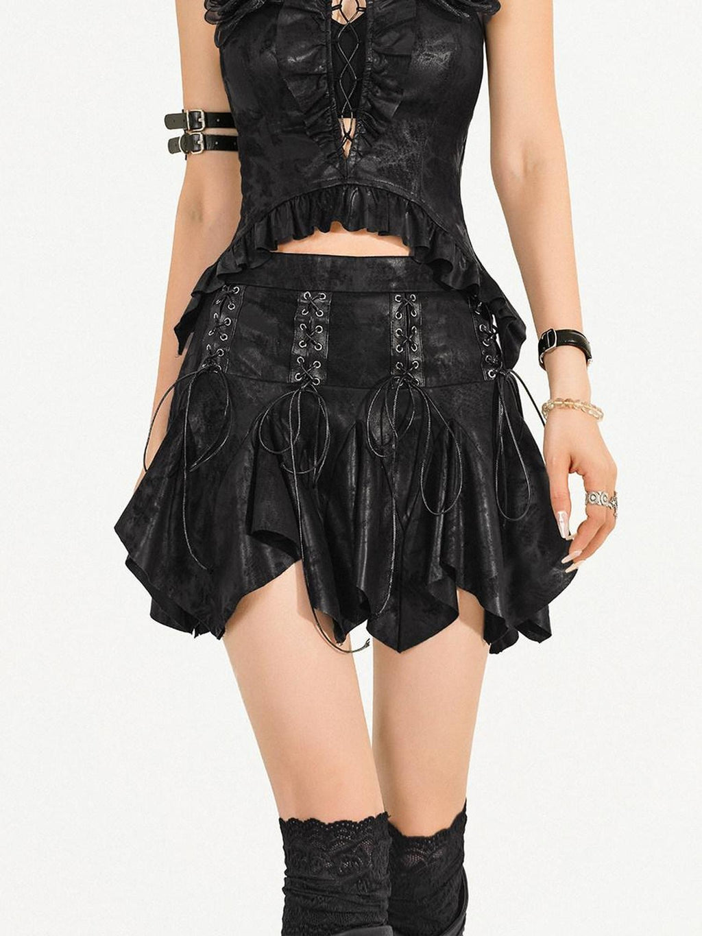 Nico Molly Regenerated Viscose Eco Fabric Mid Rise A Line Textured Black Girls Mini Skirts
