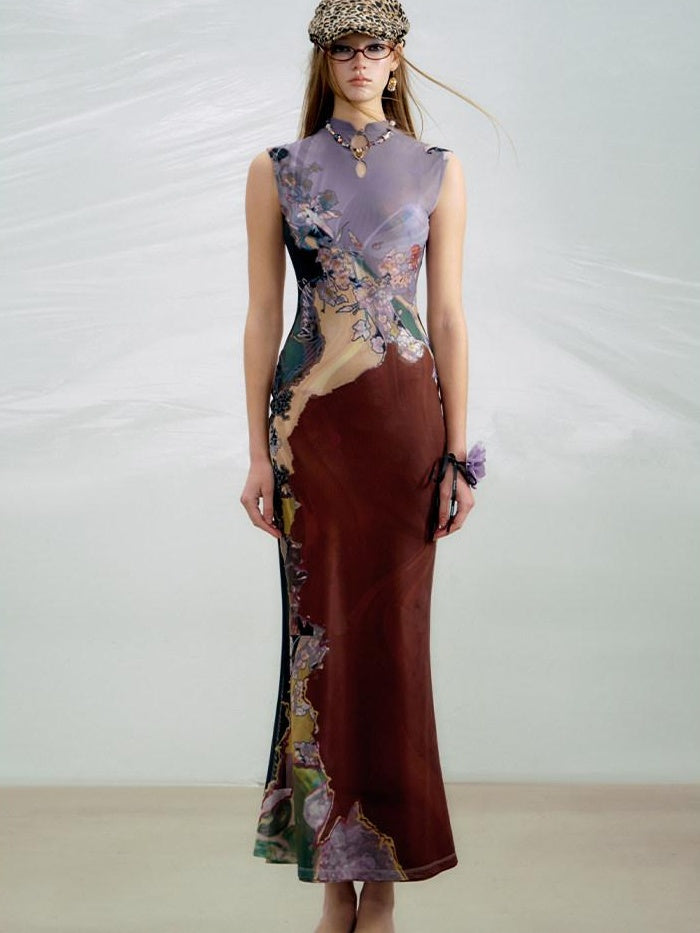 OfAkiva High Waist Floral New Chinese Style A Line Qipao Womens Tricolor Maxi Dresses