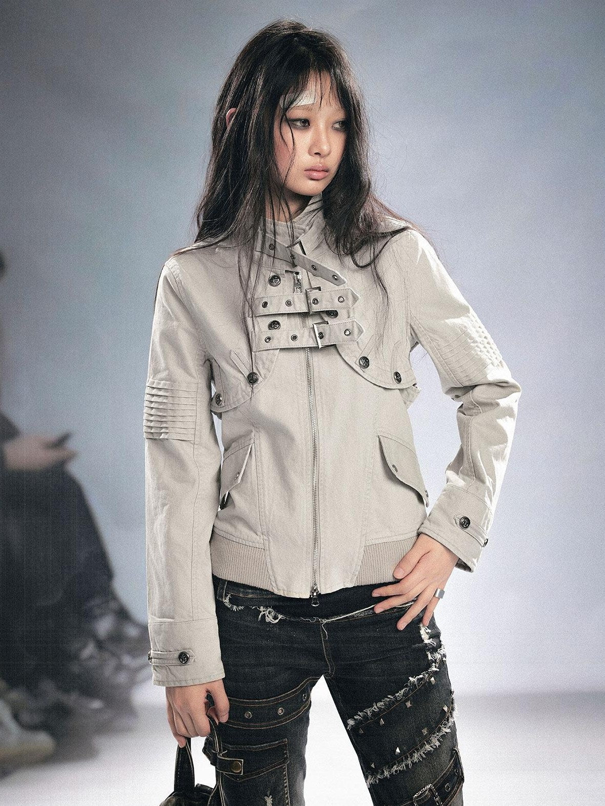 Cest Nous Detachable Punk Long Sleeve Zip Front Women Cotton Black Croppedjackets