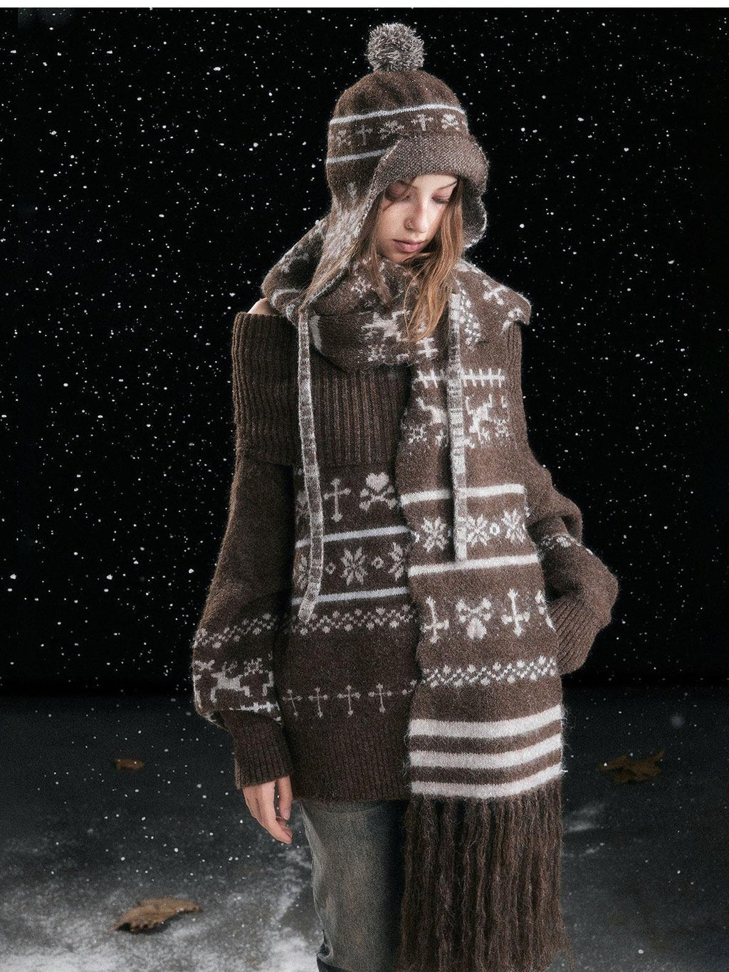 Cest Nous Cozy Striped Knitted Wool Earflap Casual Youth Women One Size Brown Beanies