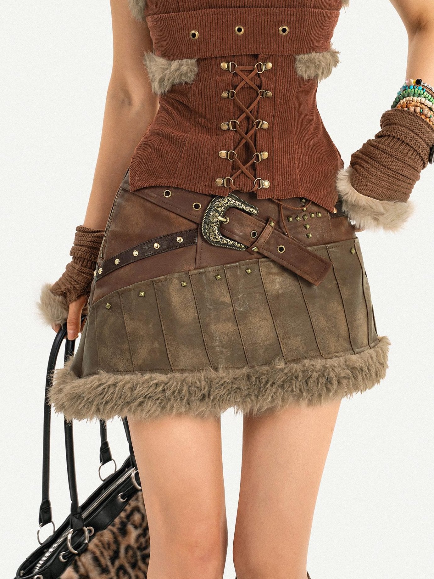 Nico Molly Beaded Vintage Patchwork A Line Mid Waist Lined Brown Women Top & Skirt Sets