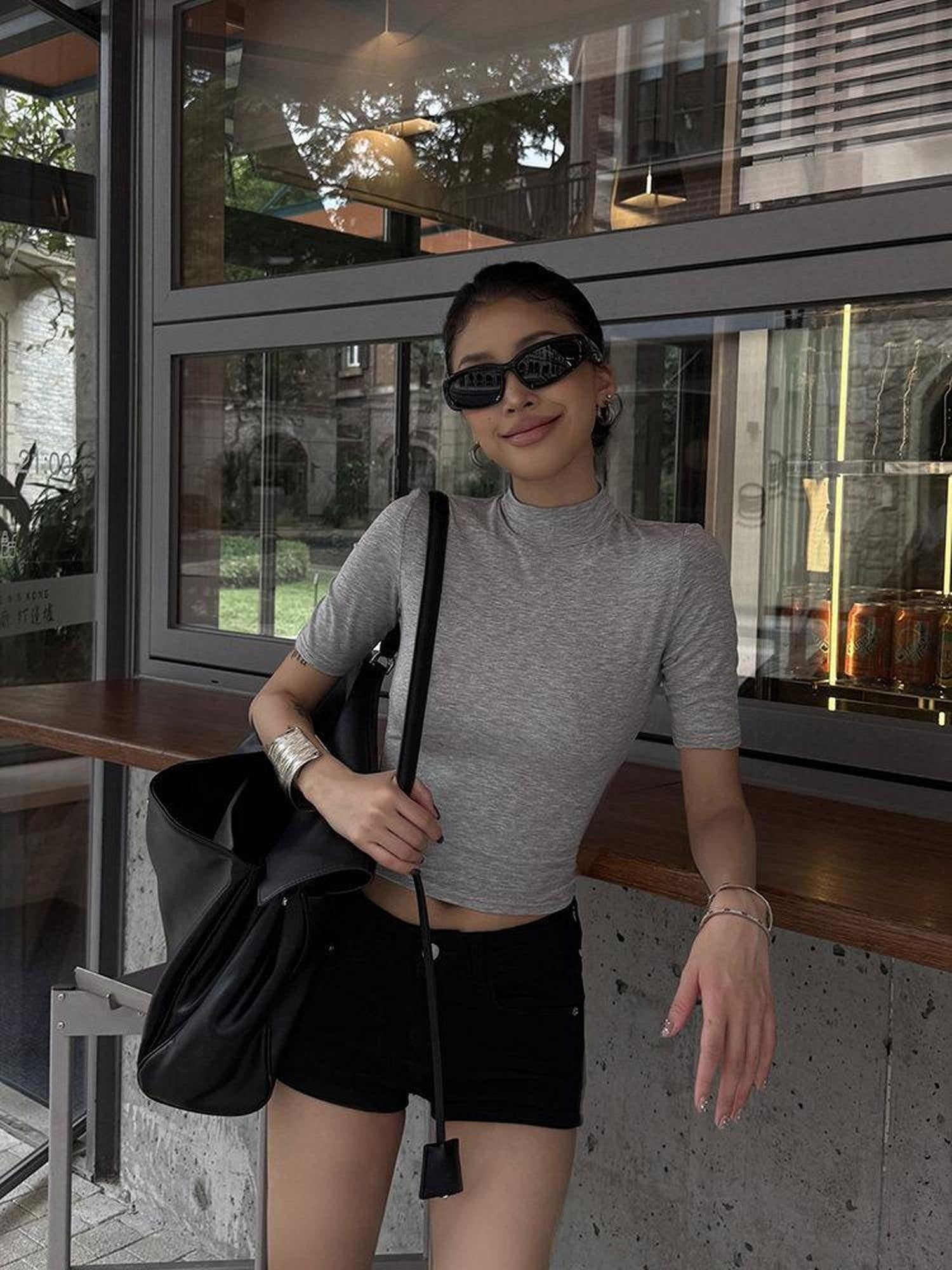 ZERO Sexy Slim Solid Stand Collar Lyocell Knit Half Sleeve Everyday Basic Crop Tops