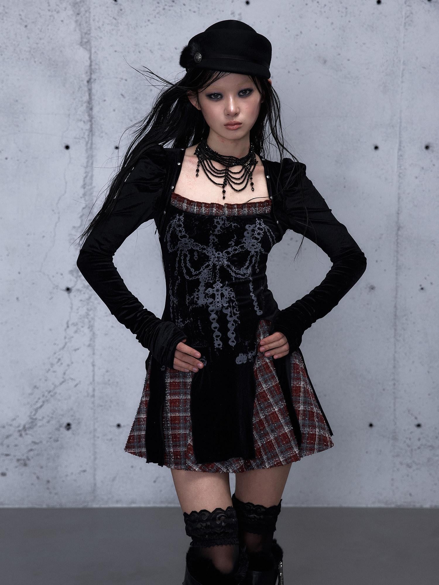 NO ROMANCE Baroque Plaid Polka Dot Square Neck Puff Sleeve Women'S Velvet Mini Dresses