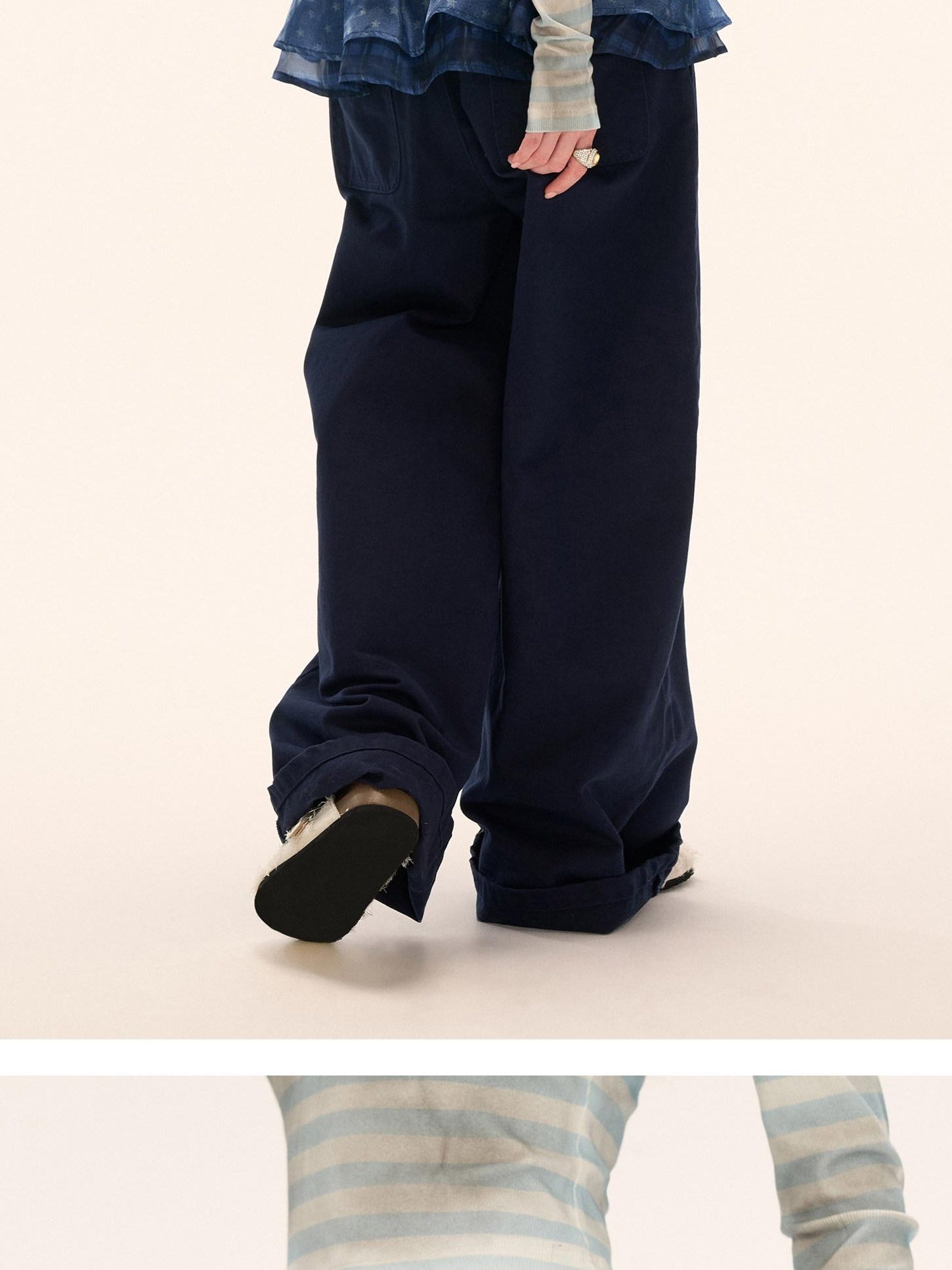 MAMC 100% Cotton Patchwork Relaxed Natural Waist Casual Womens Blue Wide Leg Pants
