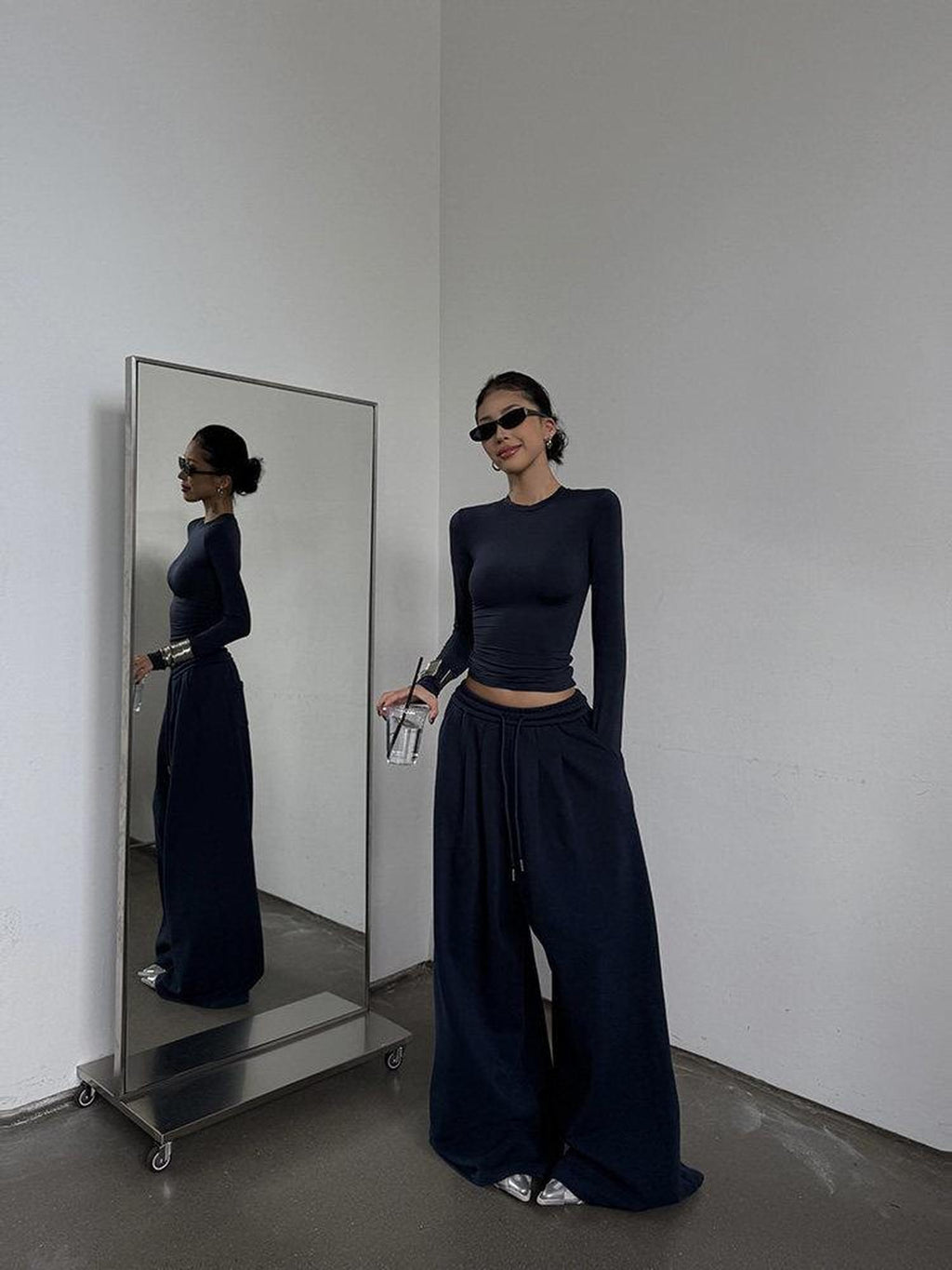 ZERO Viscose Knit Low Rise Drawstring Casual Micro Stretch Black Wide Leg Pants