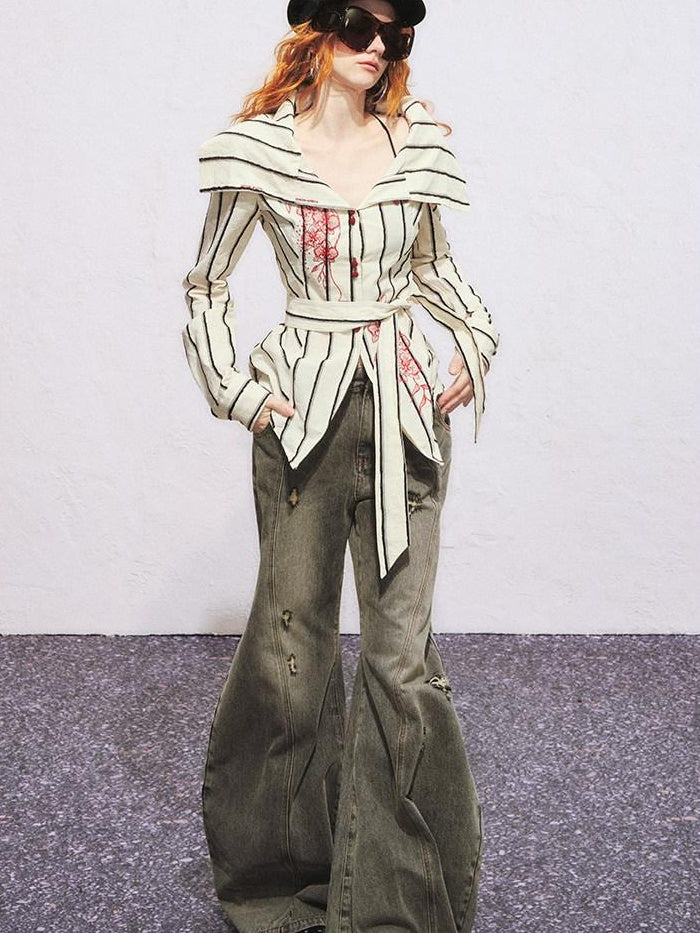 OfAkiva 100 Percent Cotton Breathable Slim Fit Puff Sleeve Striped Cardigan Blouses