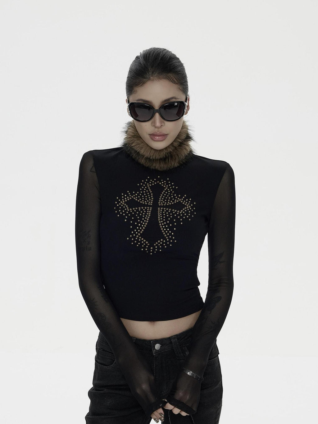 ZERO Rhinestone Casual Slim Knit Pullover Women Black Long Sleeve Crop Tops