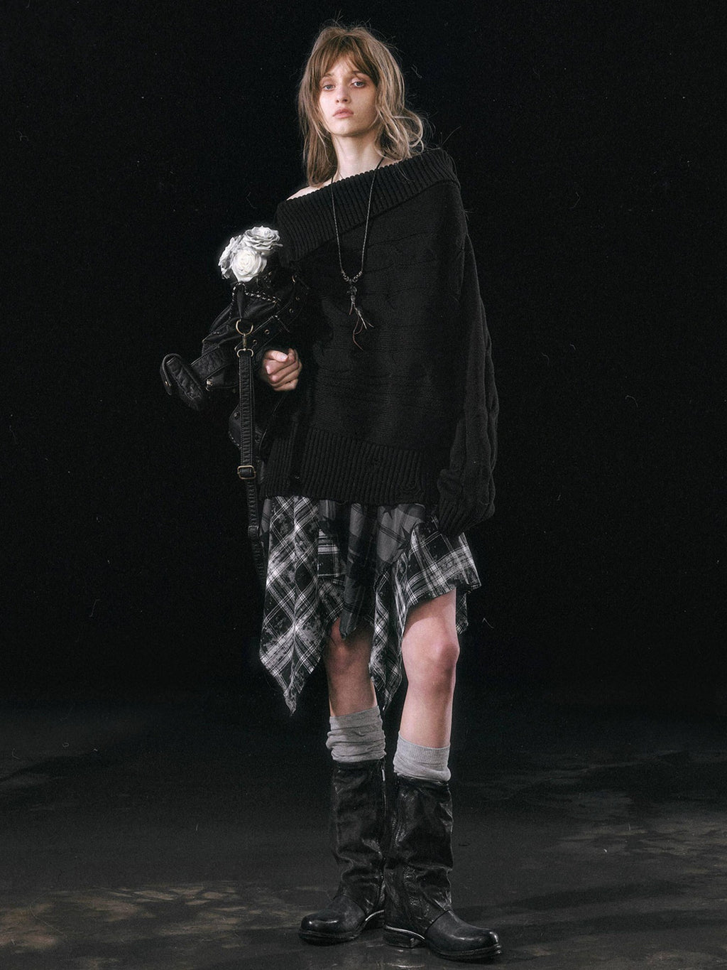 Cest Nous Patchwork Asymmetrical Punk Plaid A Line Mid Waist Women Cotton Midiskirts