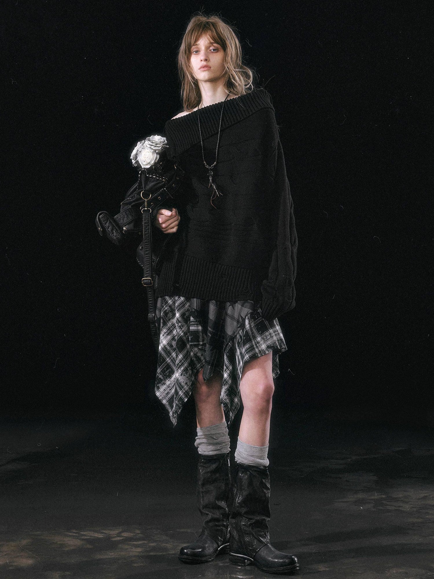 Cest Nous Patchwork Asymmetrical Punk Plaid A Line Mid Waist Women Cotton Midiskirts