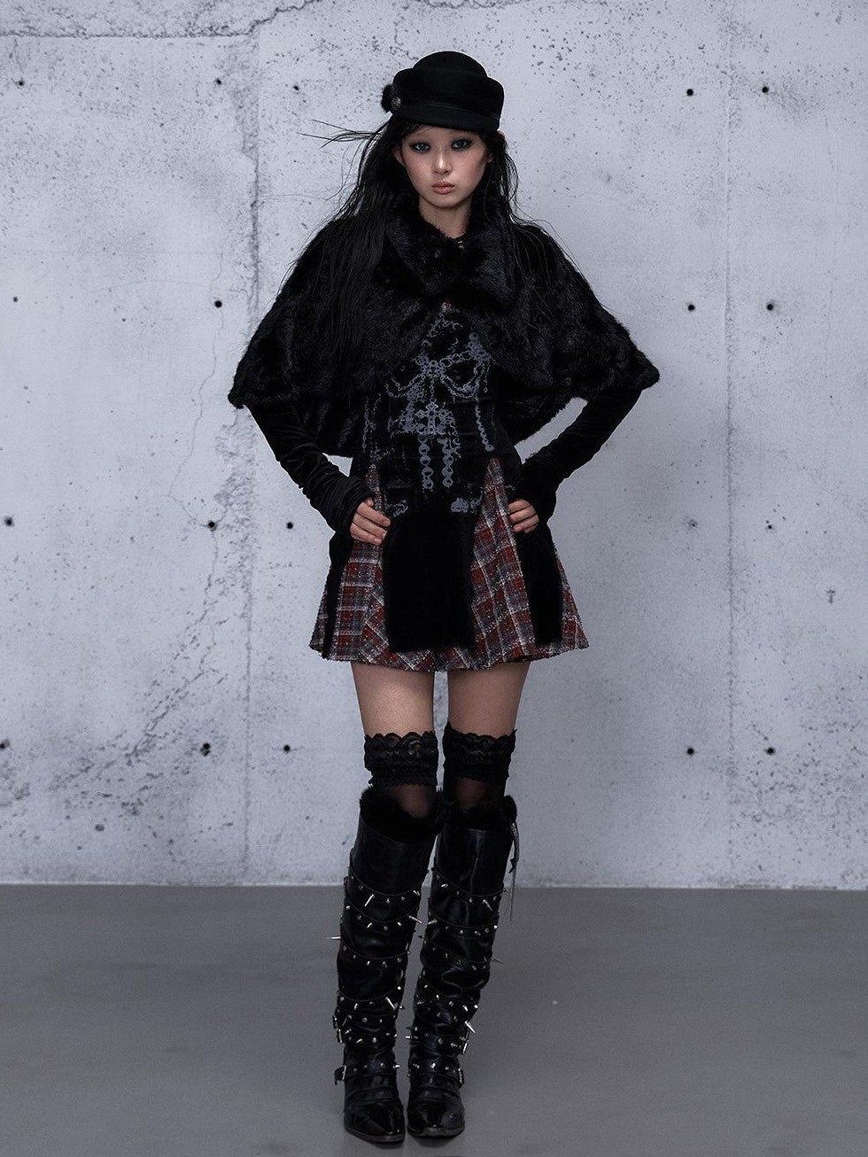 NO ROMANCE Baroque Plaid Polka Dot Square Neck Puff Sleeve Women'S Velvet Mini Dresses