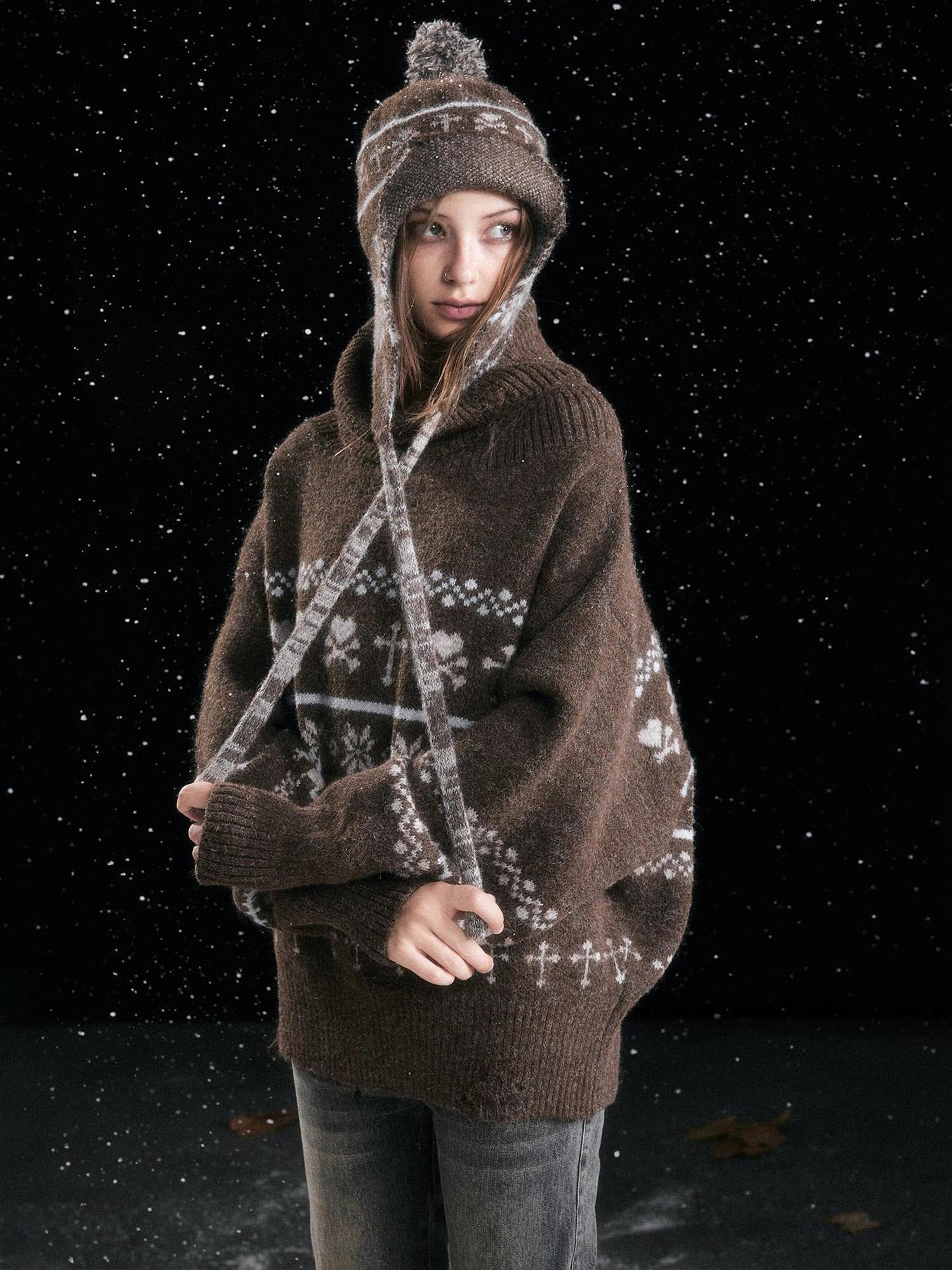 Cest Nous Cozy Thermal Commuter Loose Hooded Women Wool Blend Sweaters