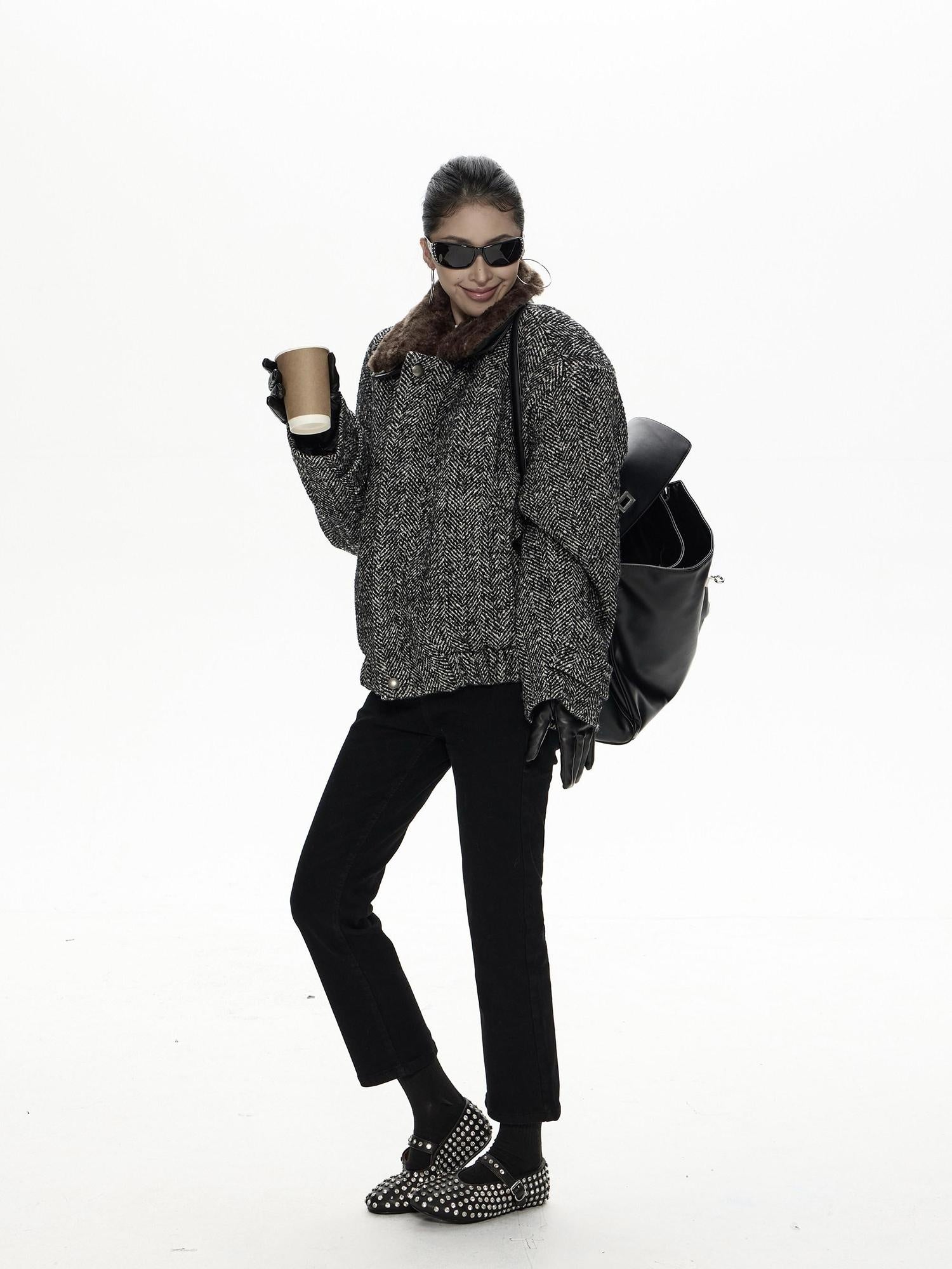 ZERO Insulated Nylon Street Loose Lapel Collar Black Young Women Cropped Jackets