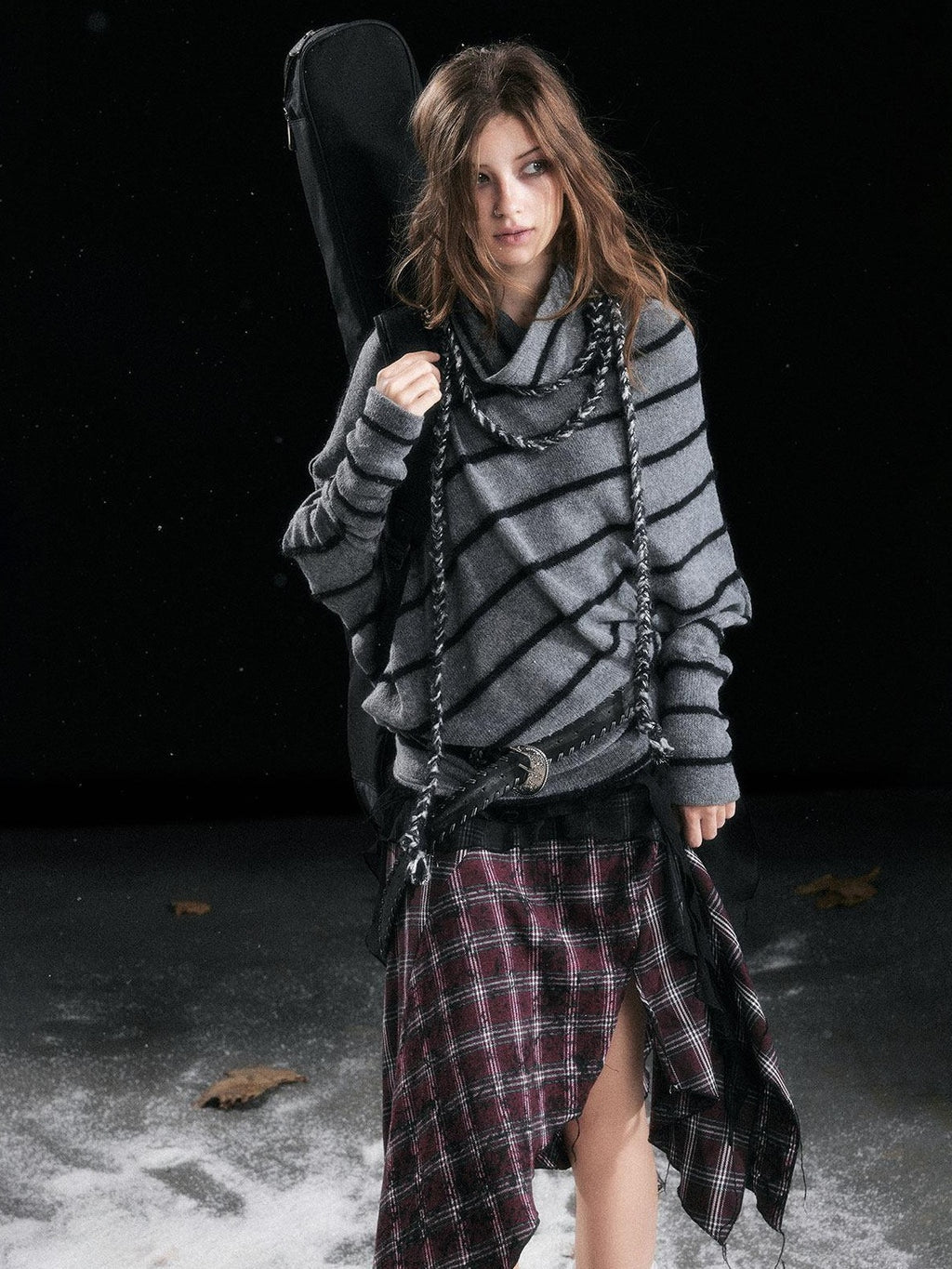 Cest Nous Cozy Thick Street Oversized Batwing Turtleneck Tie Front Women Striped Sweaters