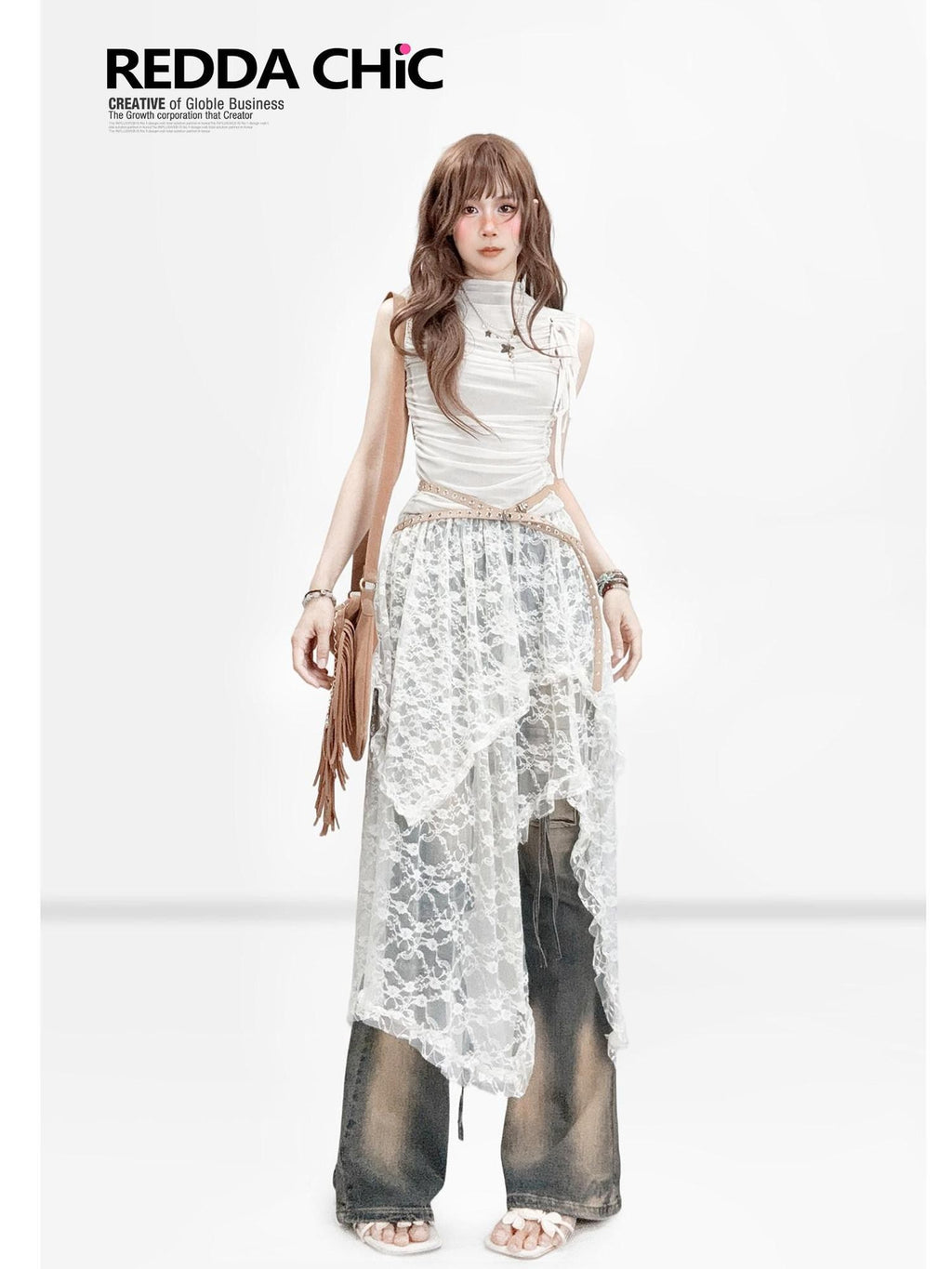 REDDACHIC Vintage Bohemian Asymmetric Spliced High Waist A Line Women'S Lace Midi Skirts