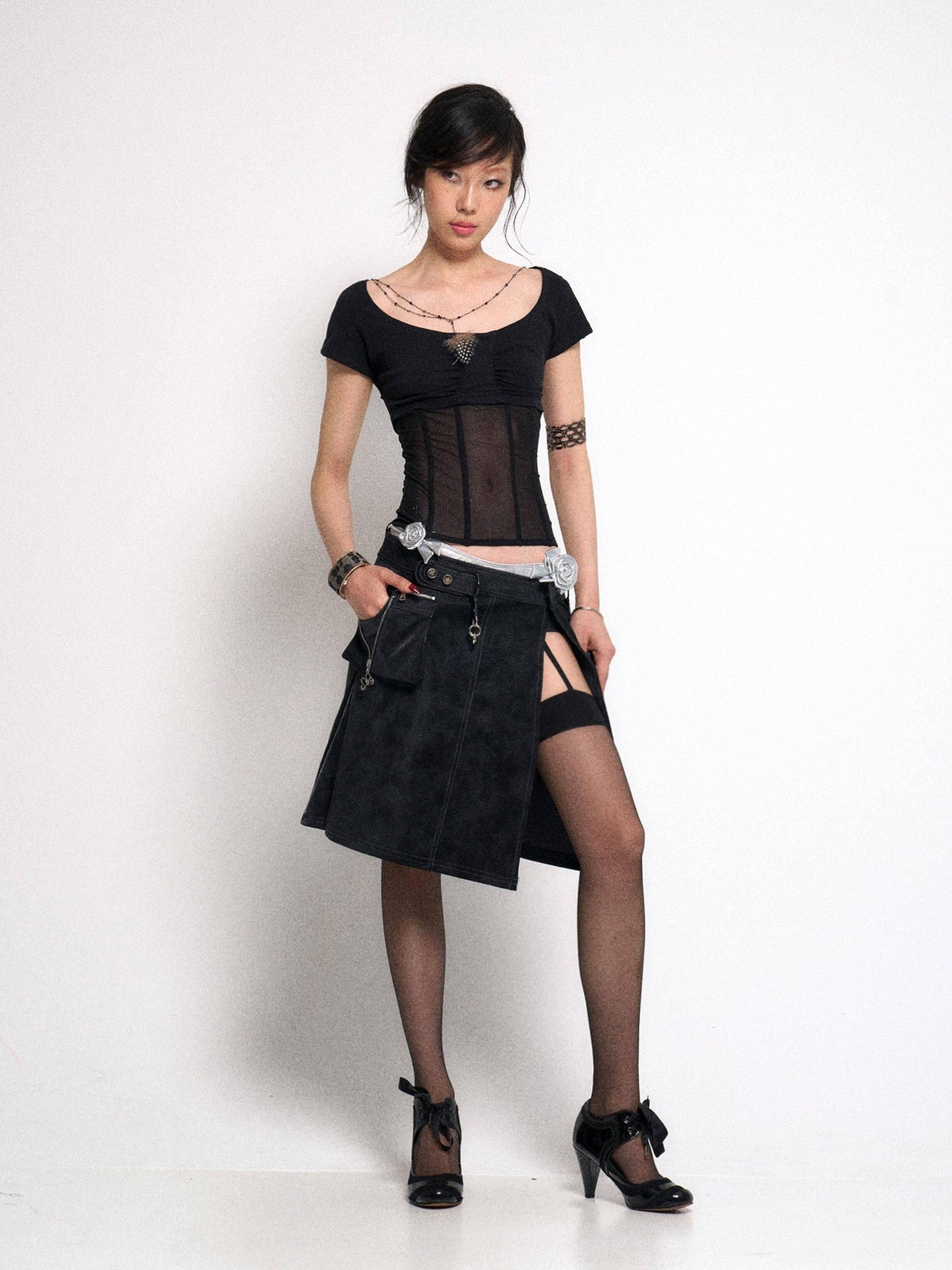 Flowers birds Market Cutout Gothic Slim Fit Solid Black Women Cotton Stretch Short Sleeve T-Shirts