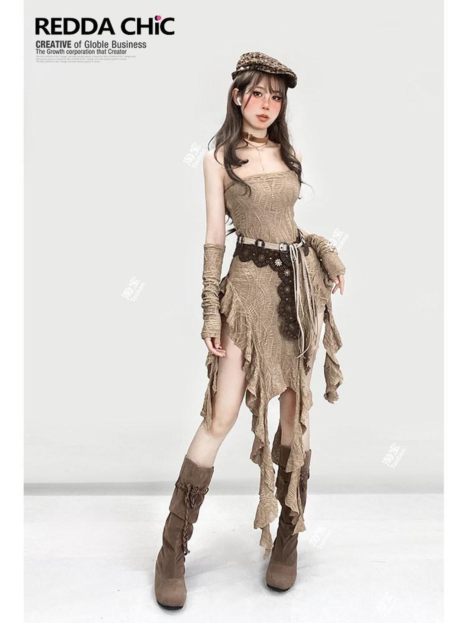 REDDACHIC Khaki Wasteland Fitted Ruffle Tassel Asymmetrical Women'S Strapless Maxi Dresses