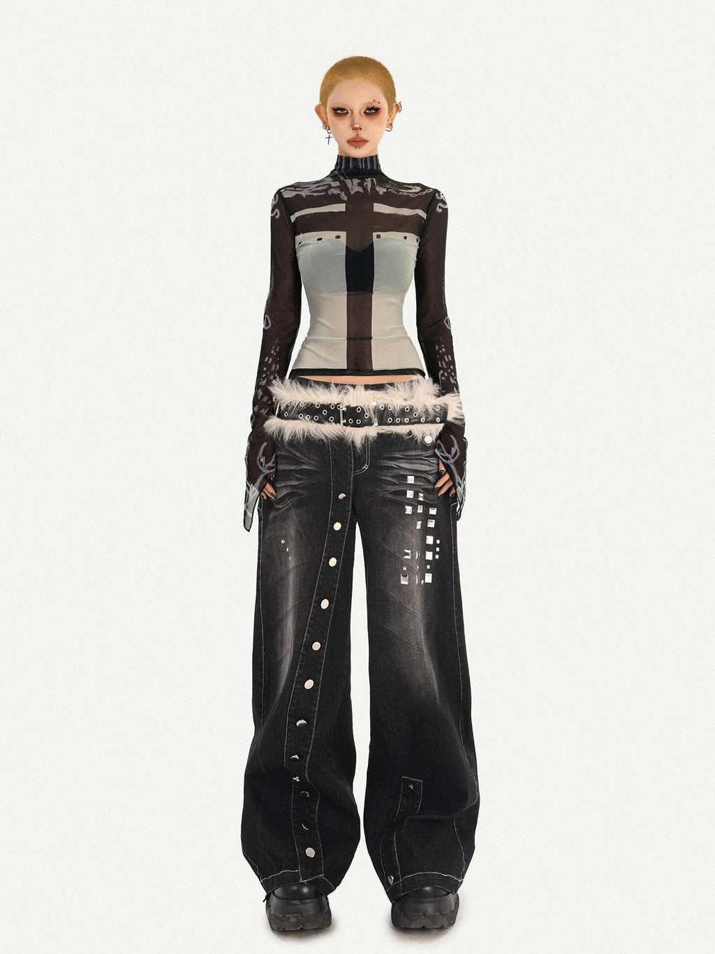 Nico Molly Sexy Slim Fit High Neck Printed Black Pullover Long Sleeve T-Shirts