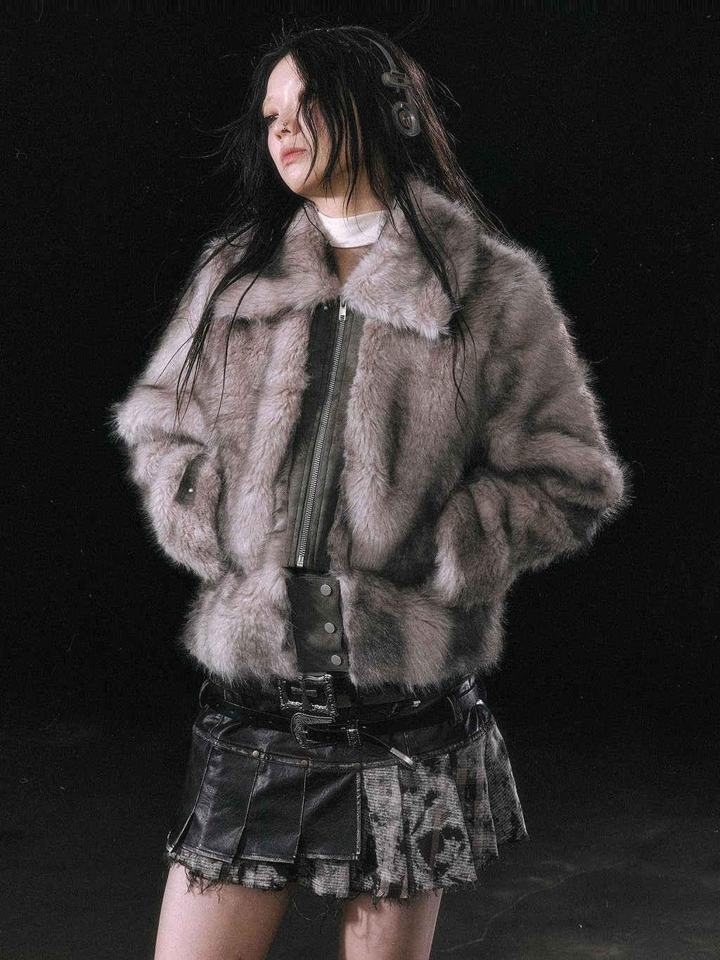 Cest Nous Thick Fur Collar Punk Street Short Fit Young Adults Silver Gray Beige Jackets