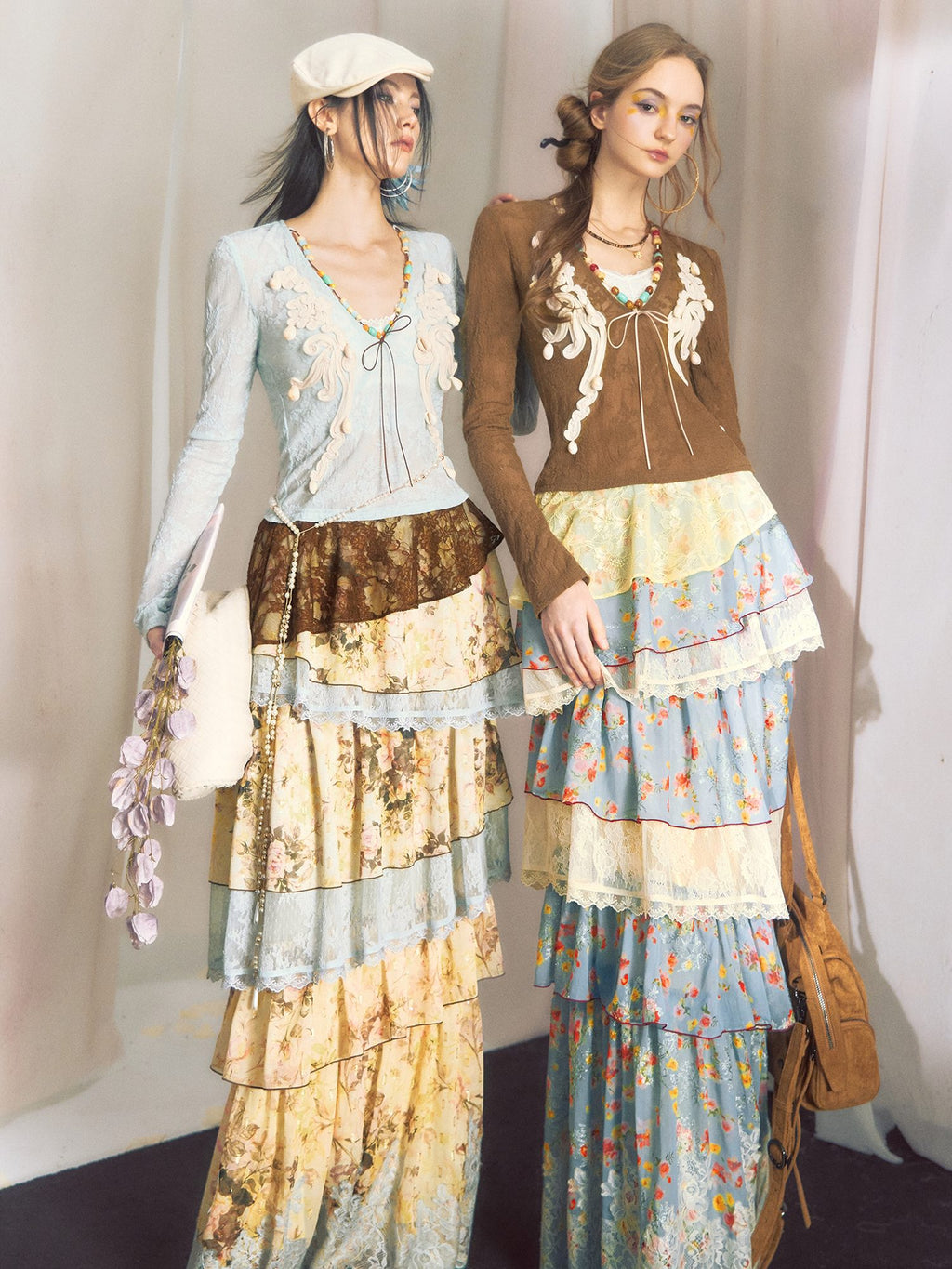OfAkiva Contrast Color High Stretch Long Sleeve High Waist Two Piece Top & Skirt Sets