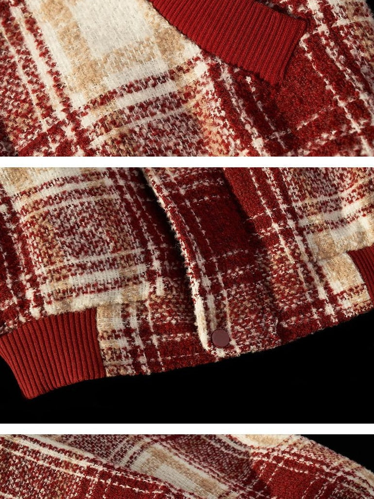 MAMC Plaid Red Polyester Panelled Short Lapel Straight Fit Office Cropped Jackets