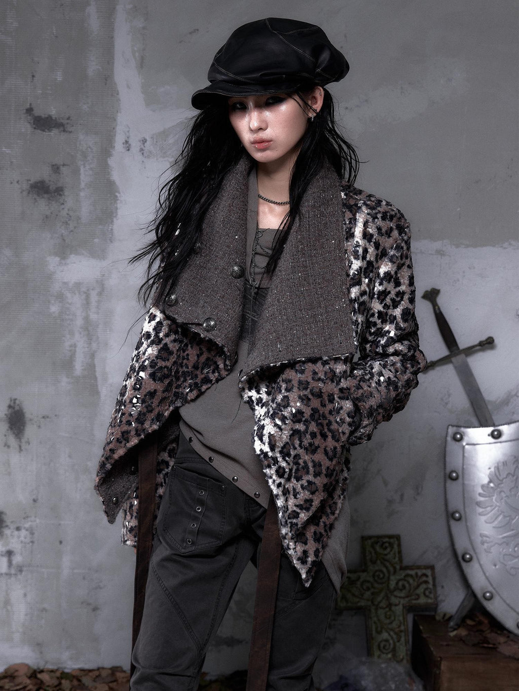 NO ROMANCE Leopard Print Patchwork Reversible Lapel Women'S Boucle Tweed Plush Short Coats