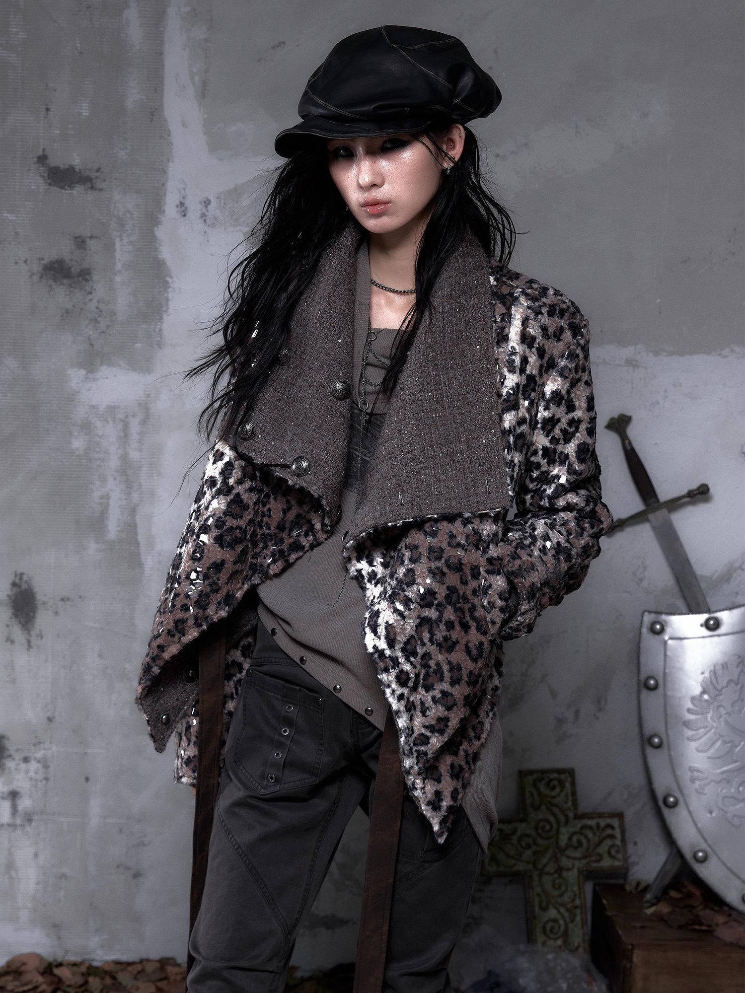 NO ROMANCE Leopard Print Patchwork Reversible Lapel Women'S Boucle Tweed Plush Short Coats