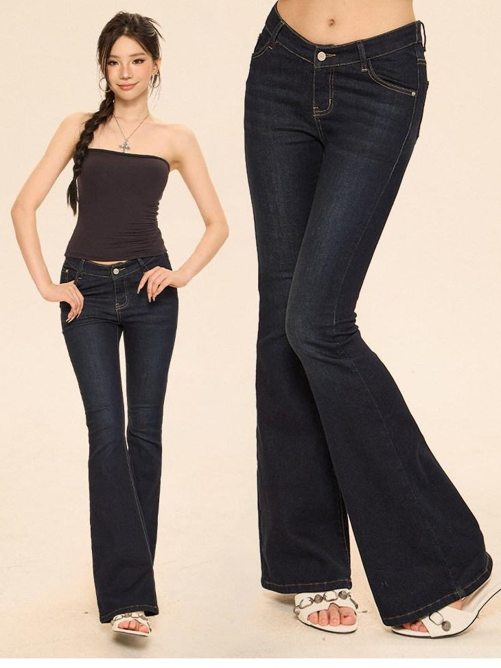 ZERO Washed Casual Slim Low Rise Denim No Stretch Women Blue Flared Jeans