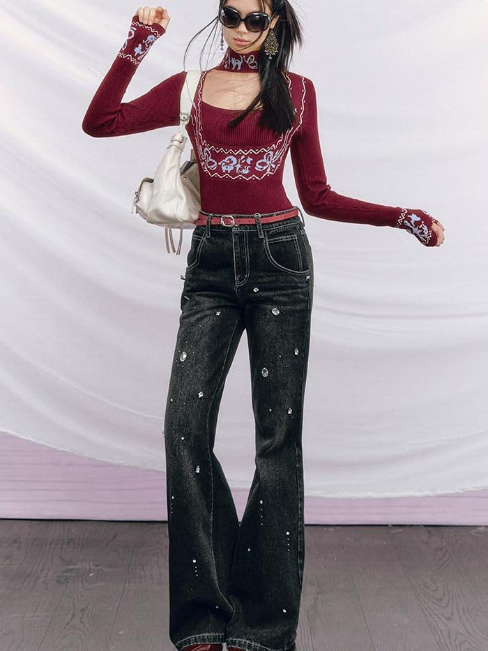 OfAkiva High Waist Distressed Beaded Vintage Micro Flare Women Everyday Flared Jeans