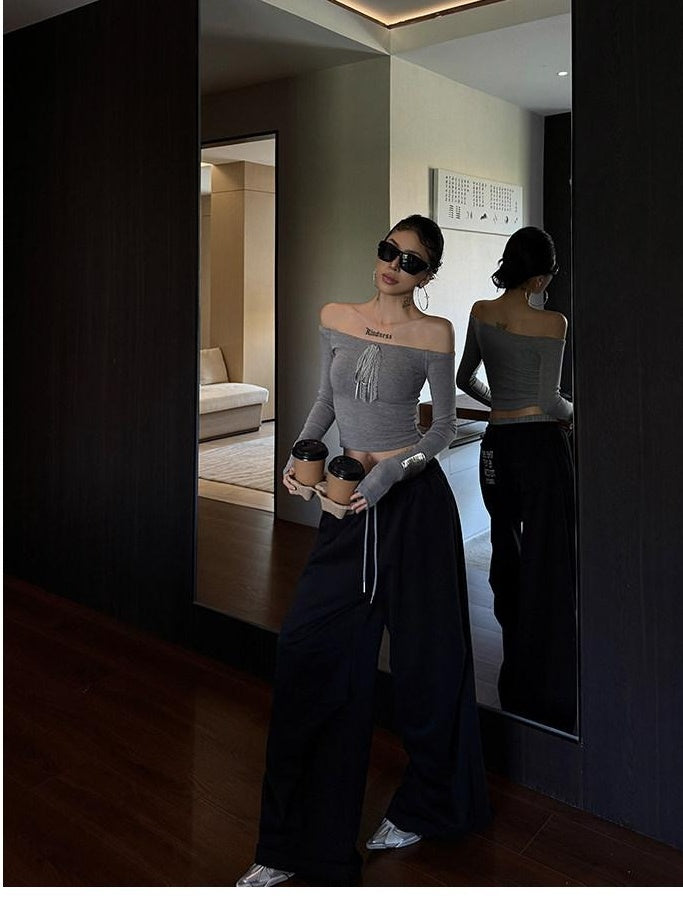 ZERO Soft Viscose Slim Fit Casual Straight Neck Gray Womens Long Sleeve Crop Tops